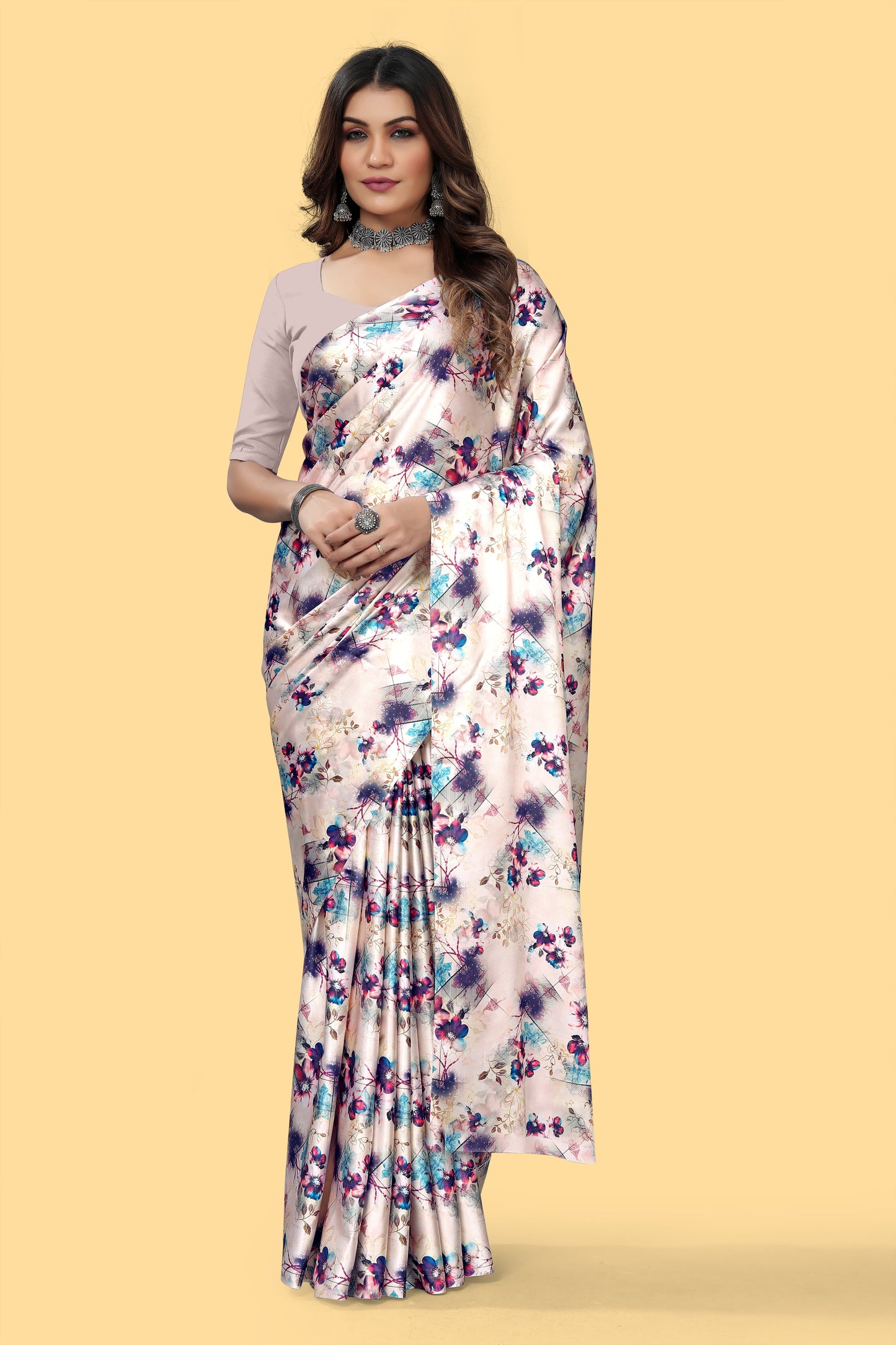 Purple Color Digital Printed Satin Saree