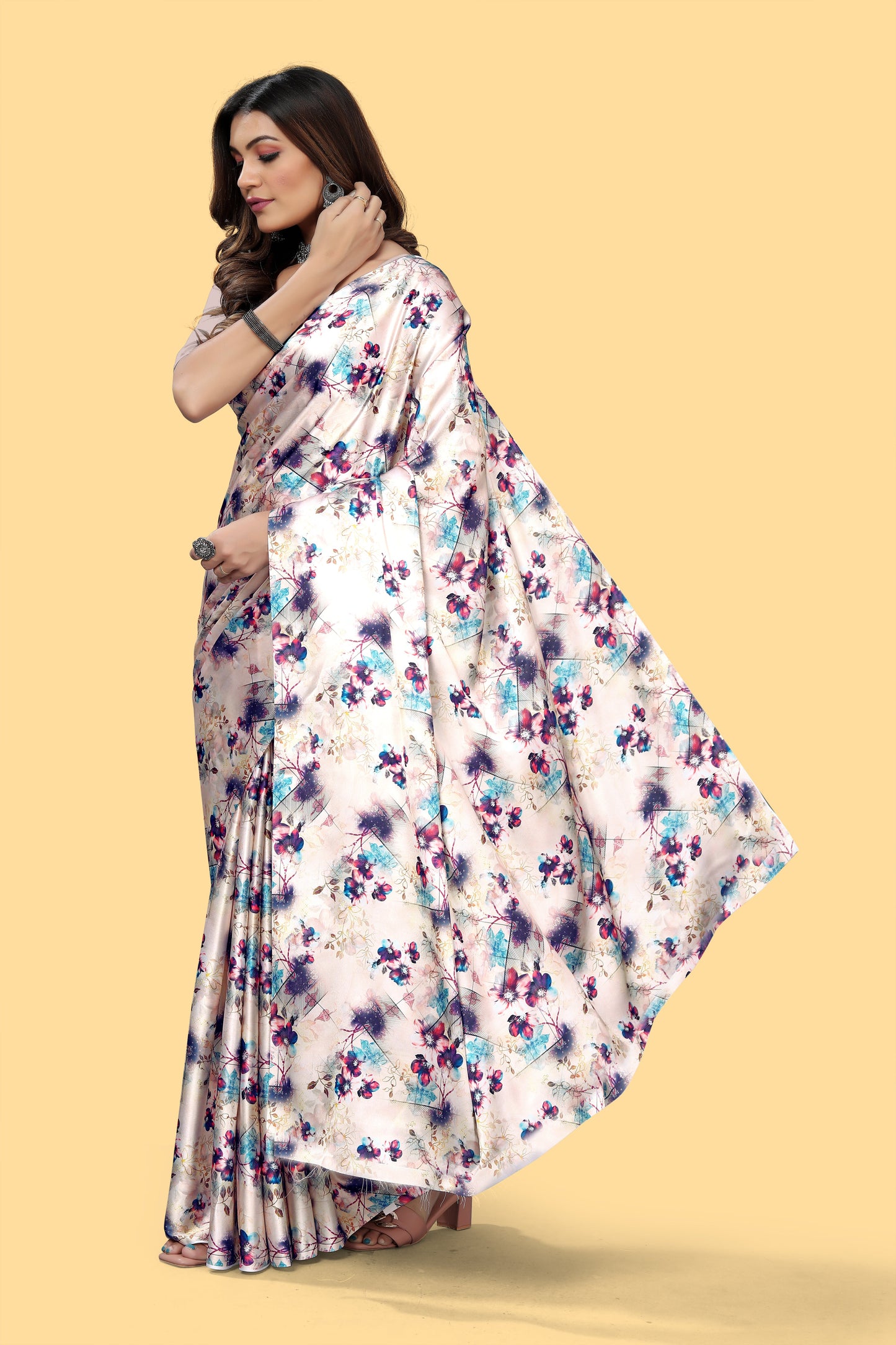 Purple Color Digital Printed Satin Saree