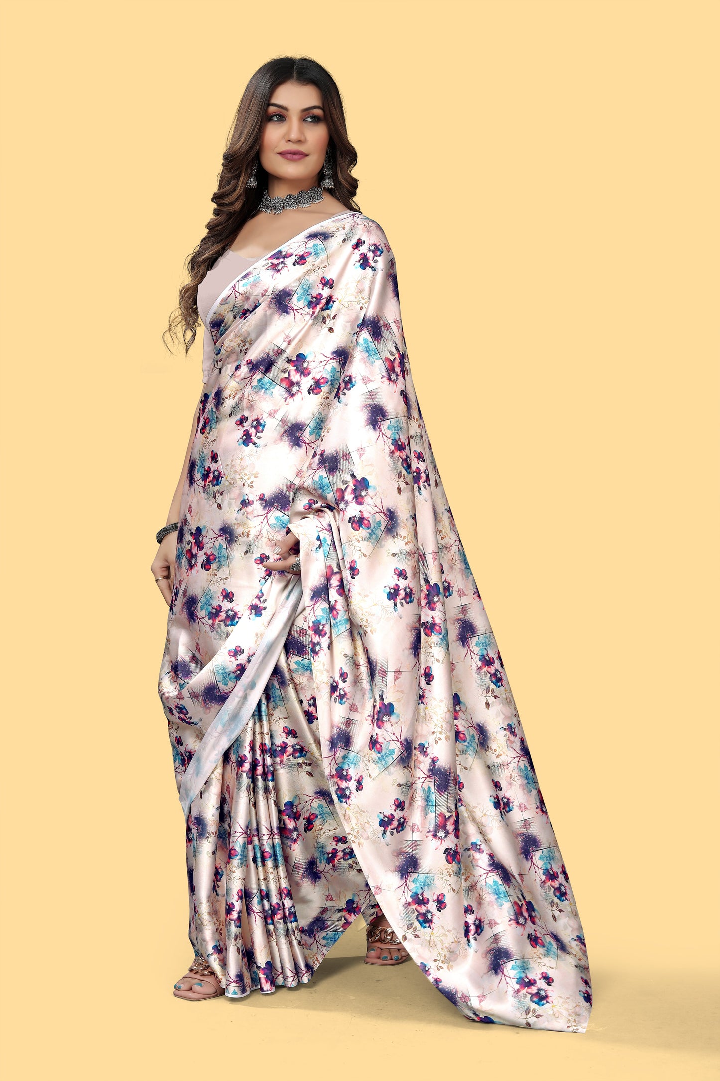 Purple Color Digital Printed Satin Saree