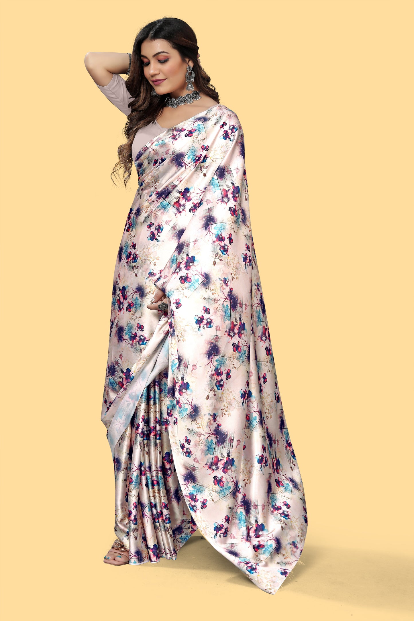 Purple Color Digital Printed Satin Saree