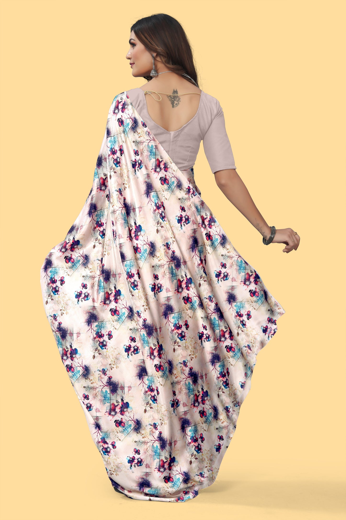 Purple Color Digital Printed Satin Saree