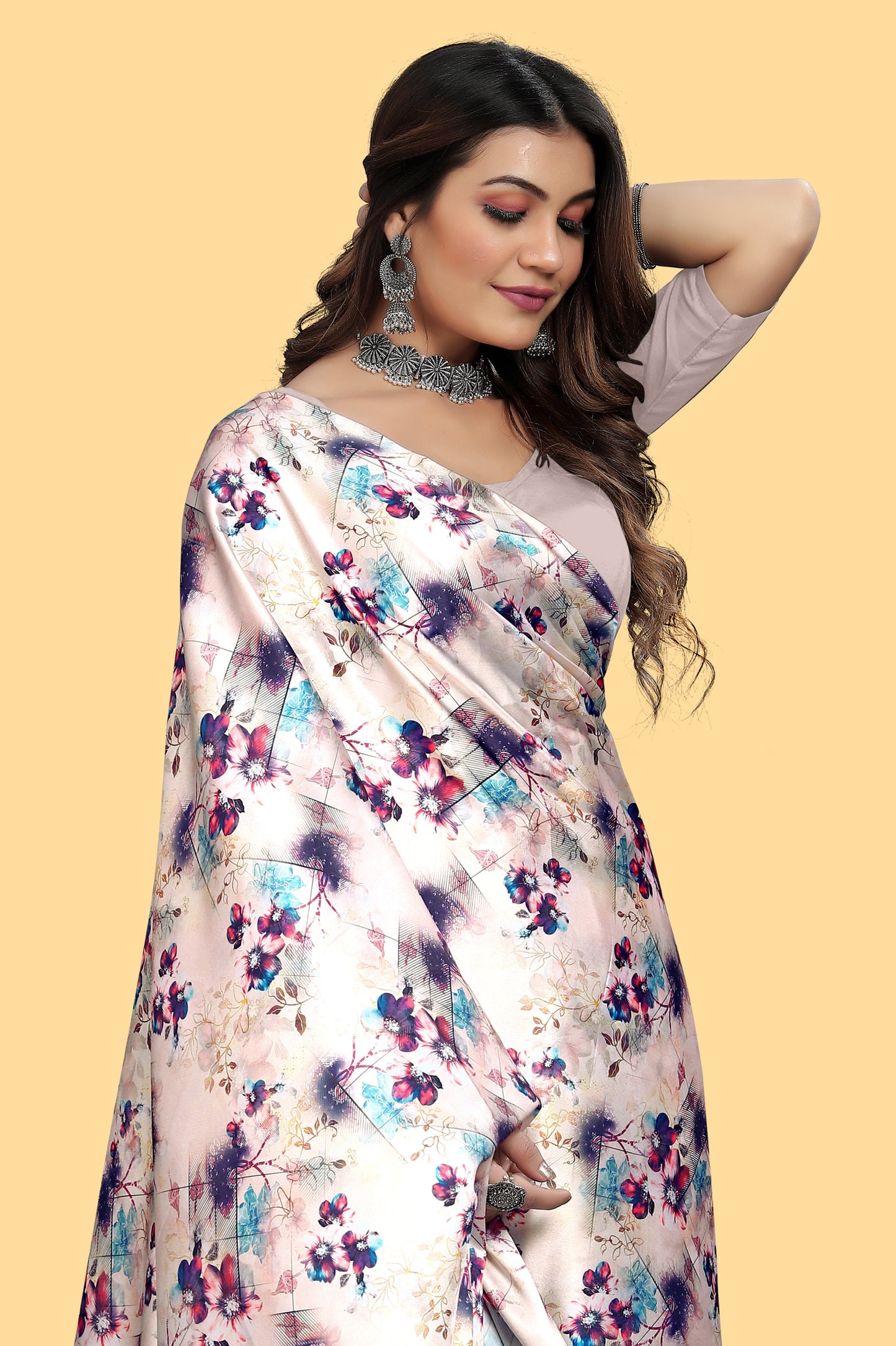 Purple Color Digital Printed Satin Saree