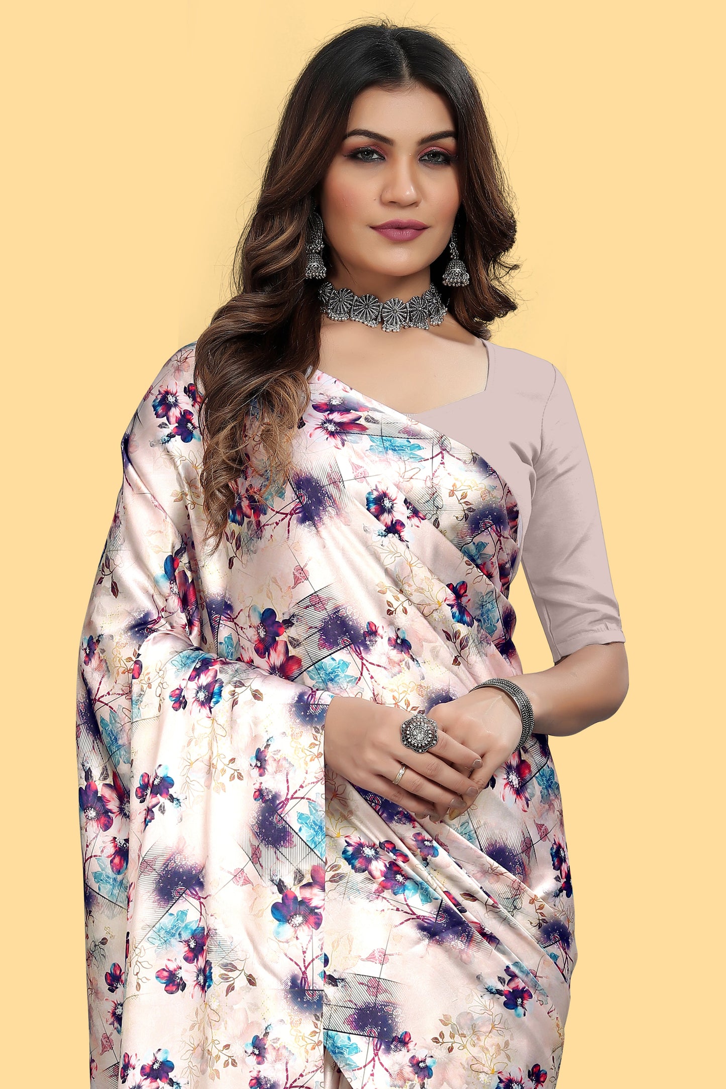 Purple Color Digital Printed Satin Saree