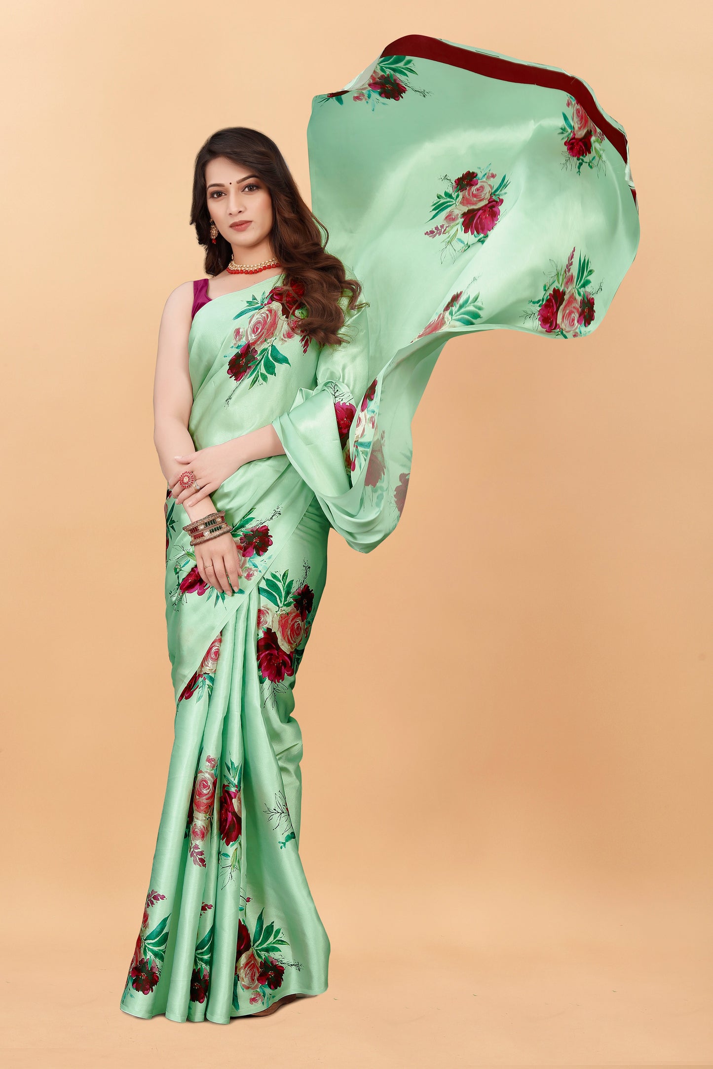 Fancy Pista Color Niva Flower Printed Satin Silk Saree