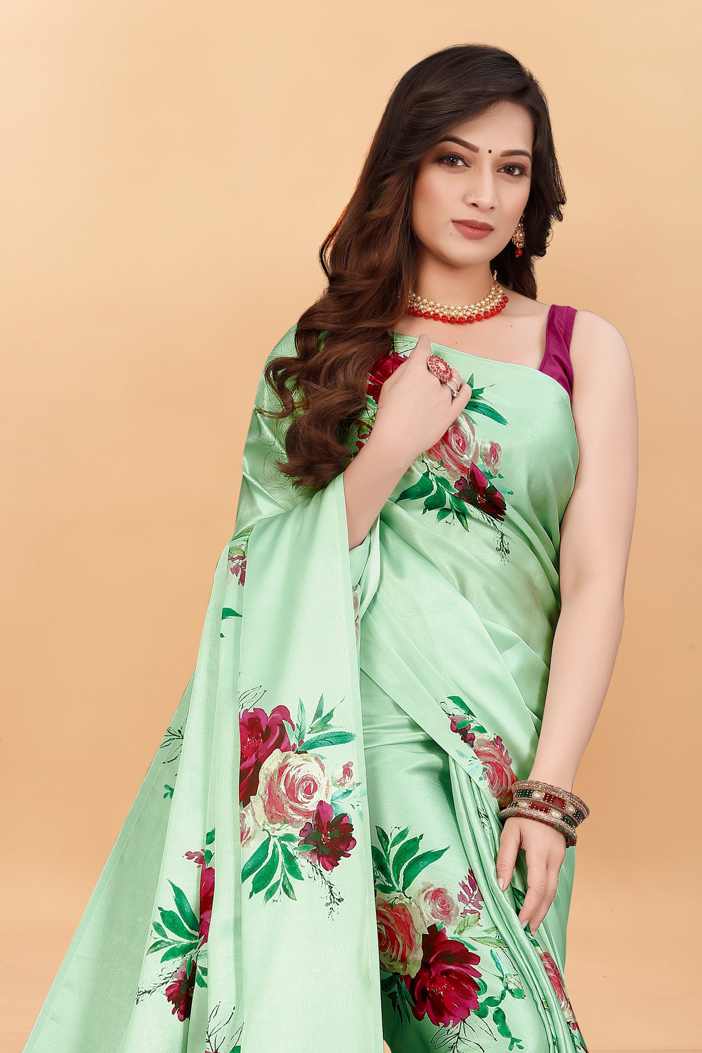 Fancy Pista Color Niva Flower Printed Satin Silk Saree
