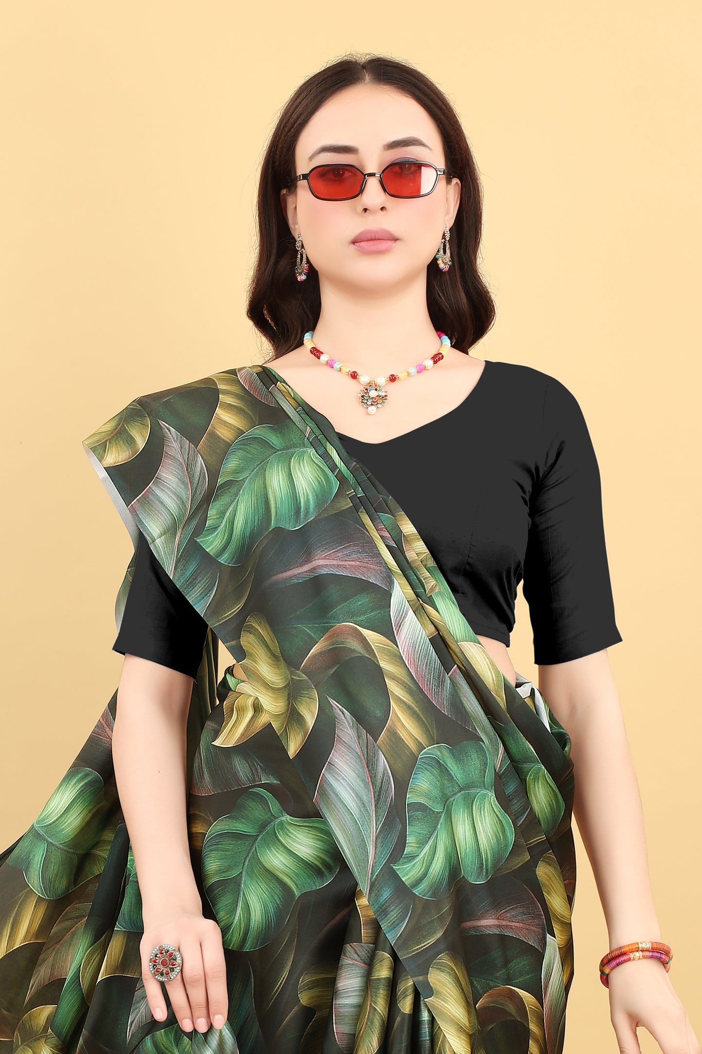 Digital Floral Black And Green Printed Satin Silk Saree
