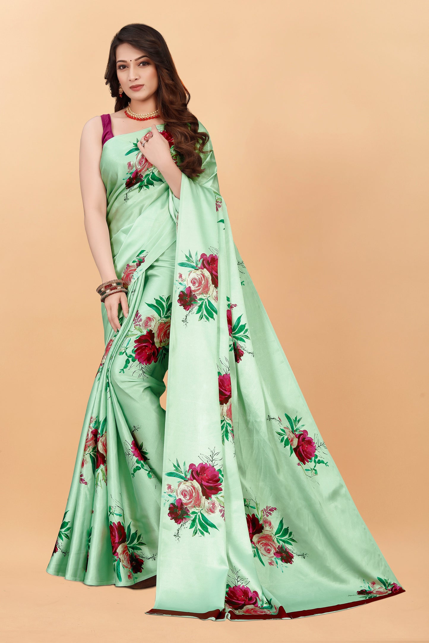 Fancy Pista Color Niva Flower Printed Satin Silk Saree