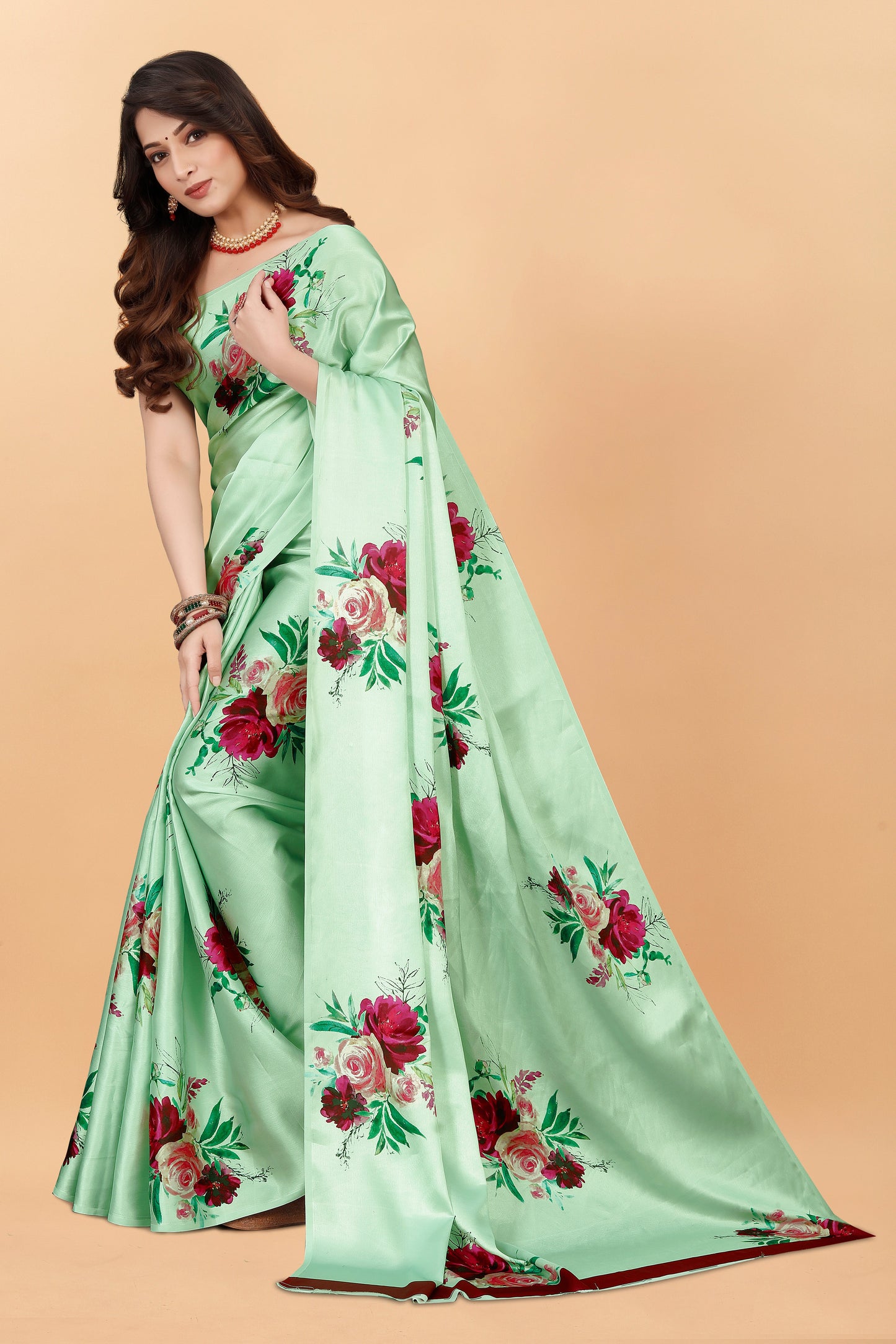 Fancy Pista Color Niva Flower Printed Satin Silk Saree