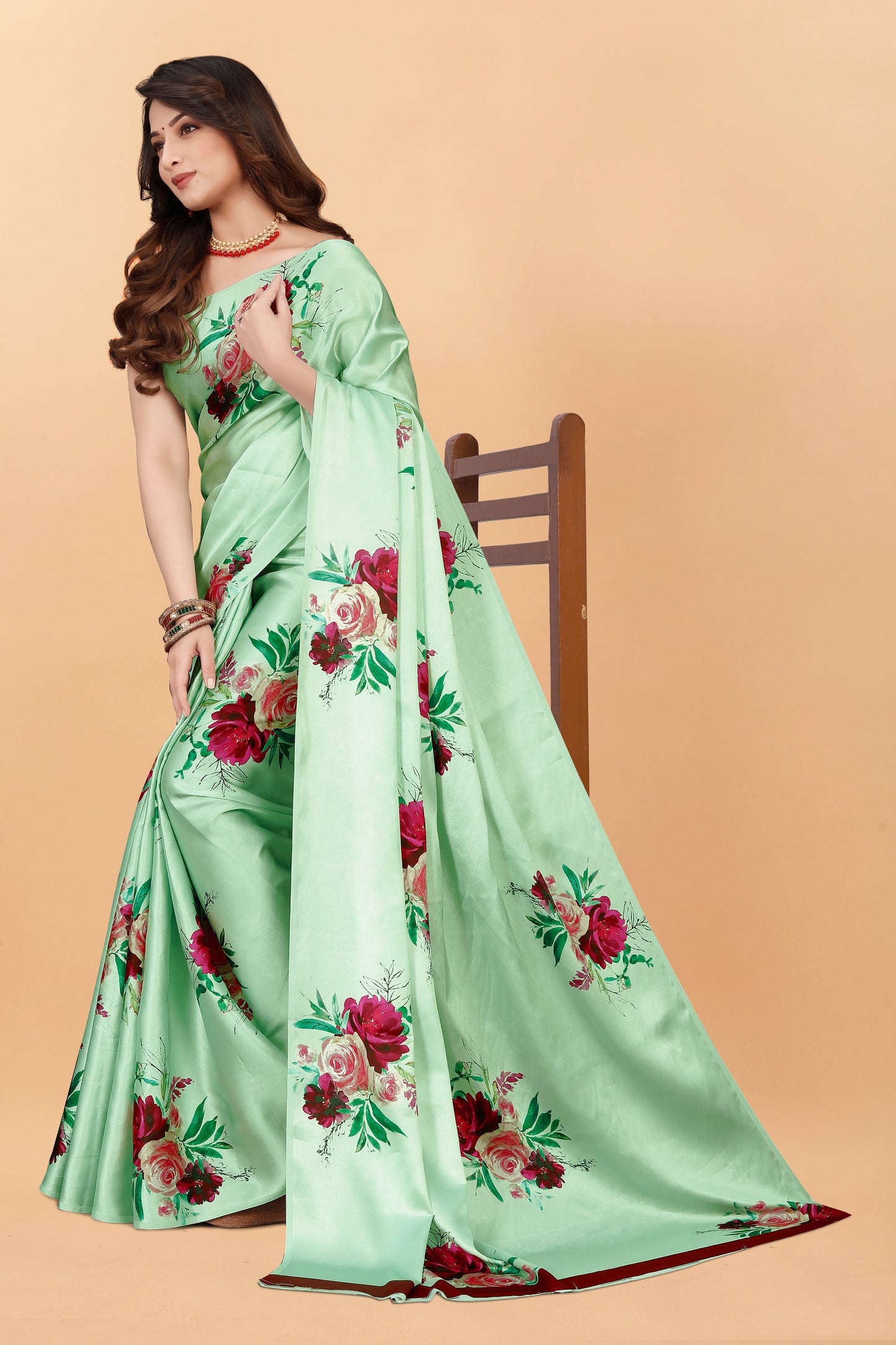 Fancy Pista Color Niva Flower Printed Satin Silk Saree