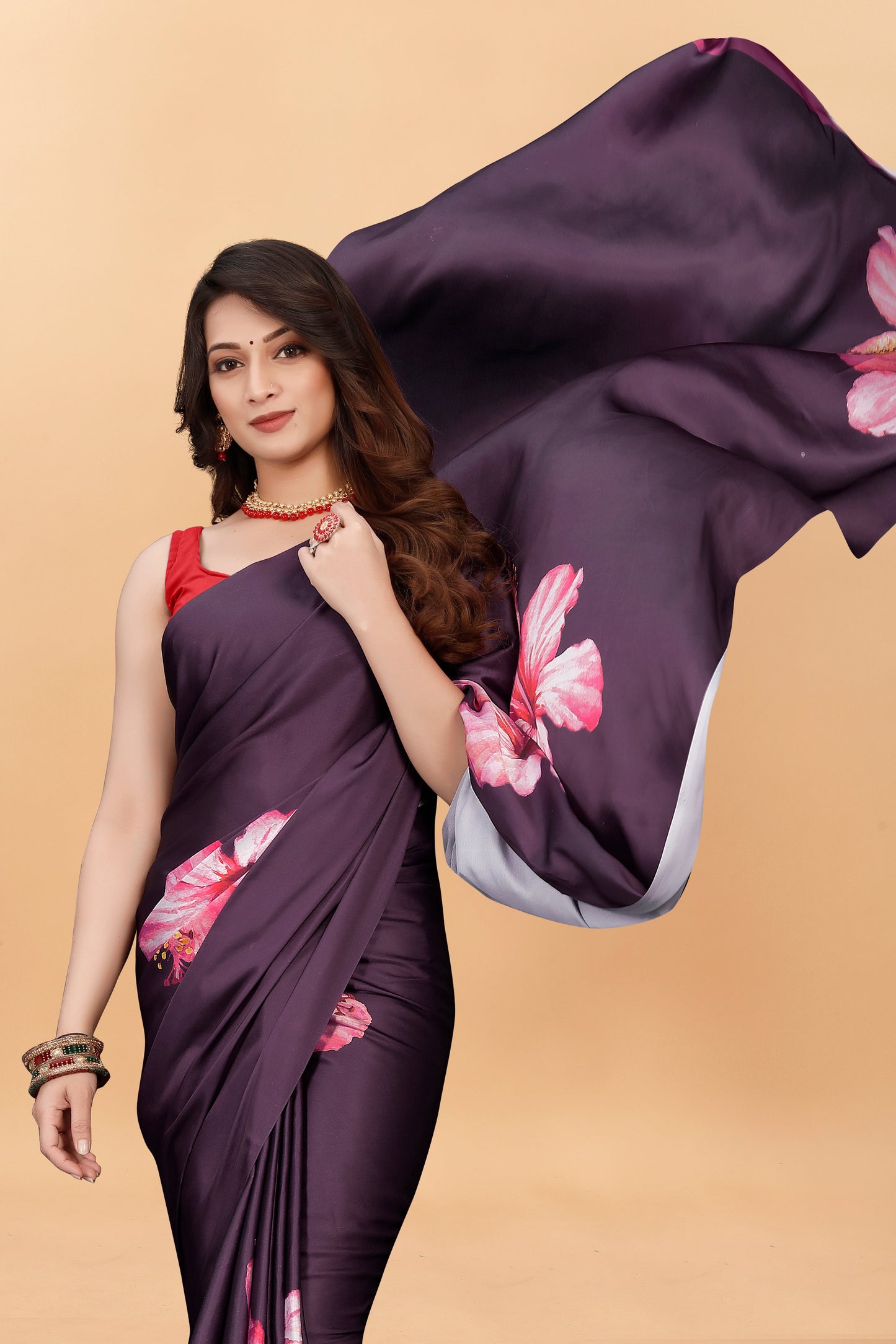 Wine Color Flower Printed Satin Silk Saree