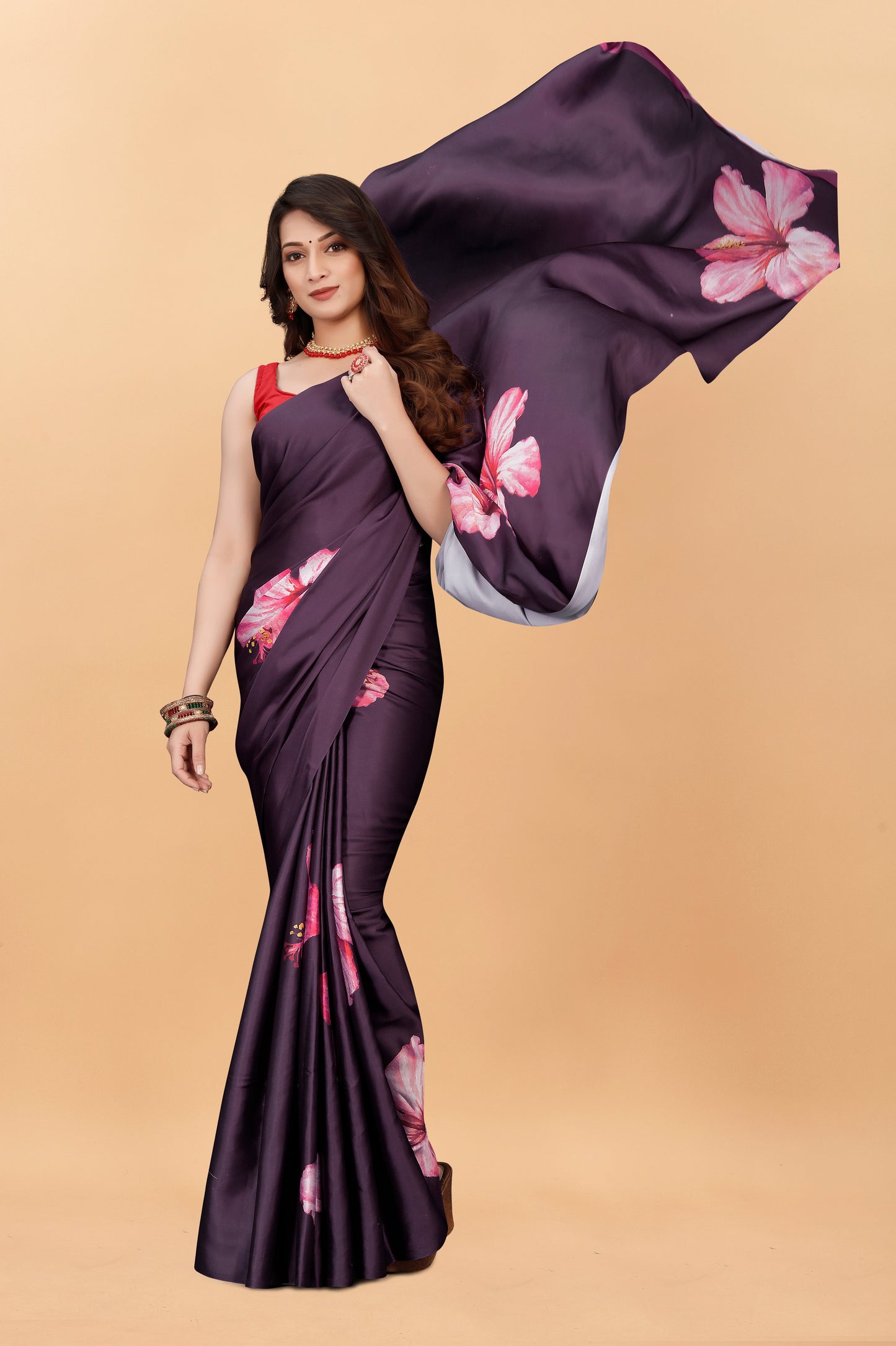 Wine Color Flower Printed Satin Silk Saree