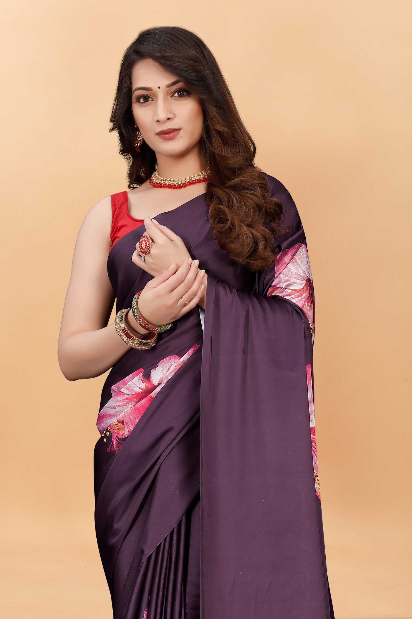 Wine Color Flower Printed Satin Silk Saree
