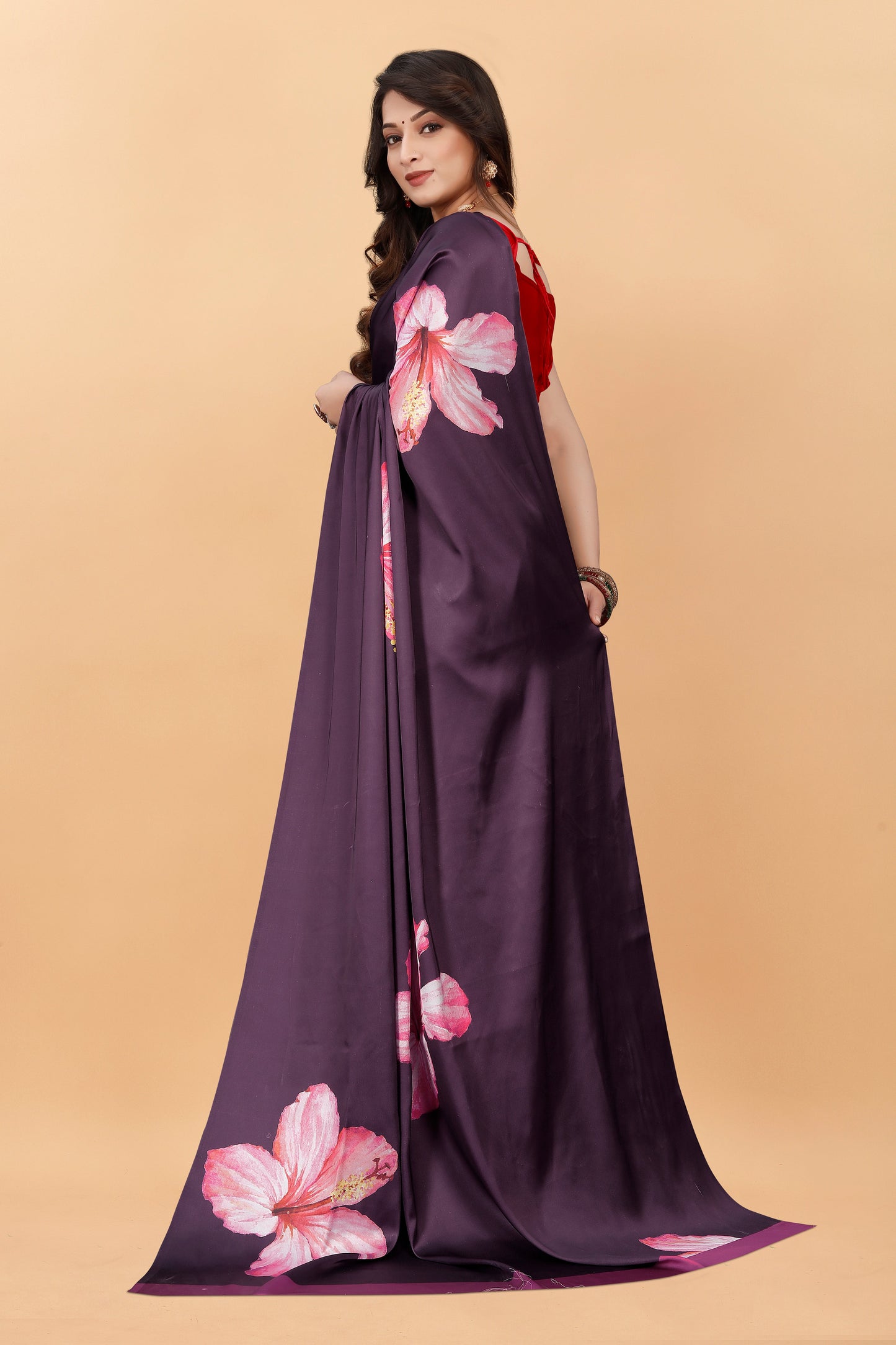 Wine Color Flower Printed Satin Silk Saree
