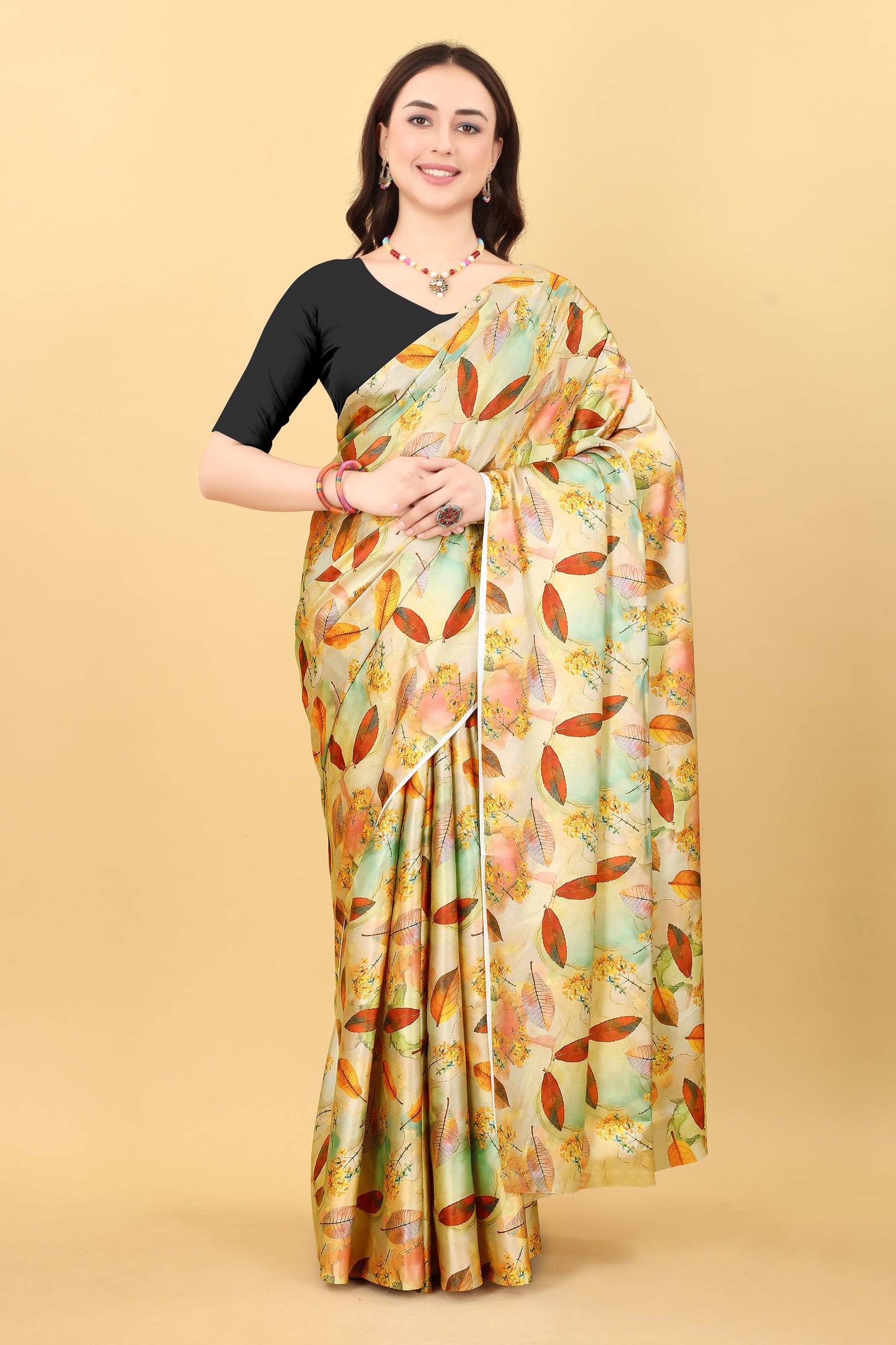 Yellow Flower Printed Satin Silk Saree
