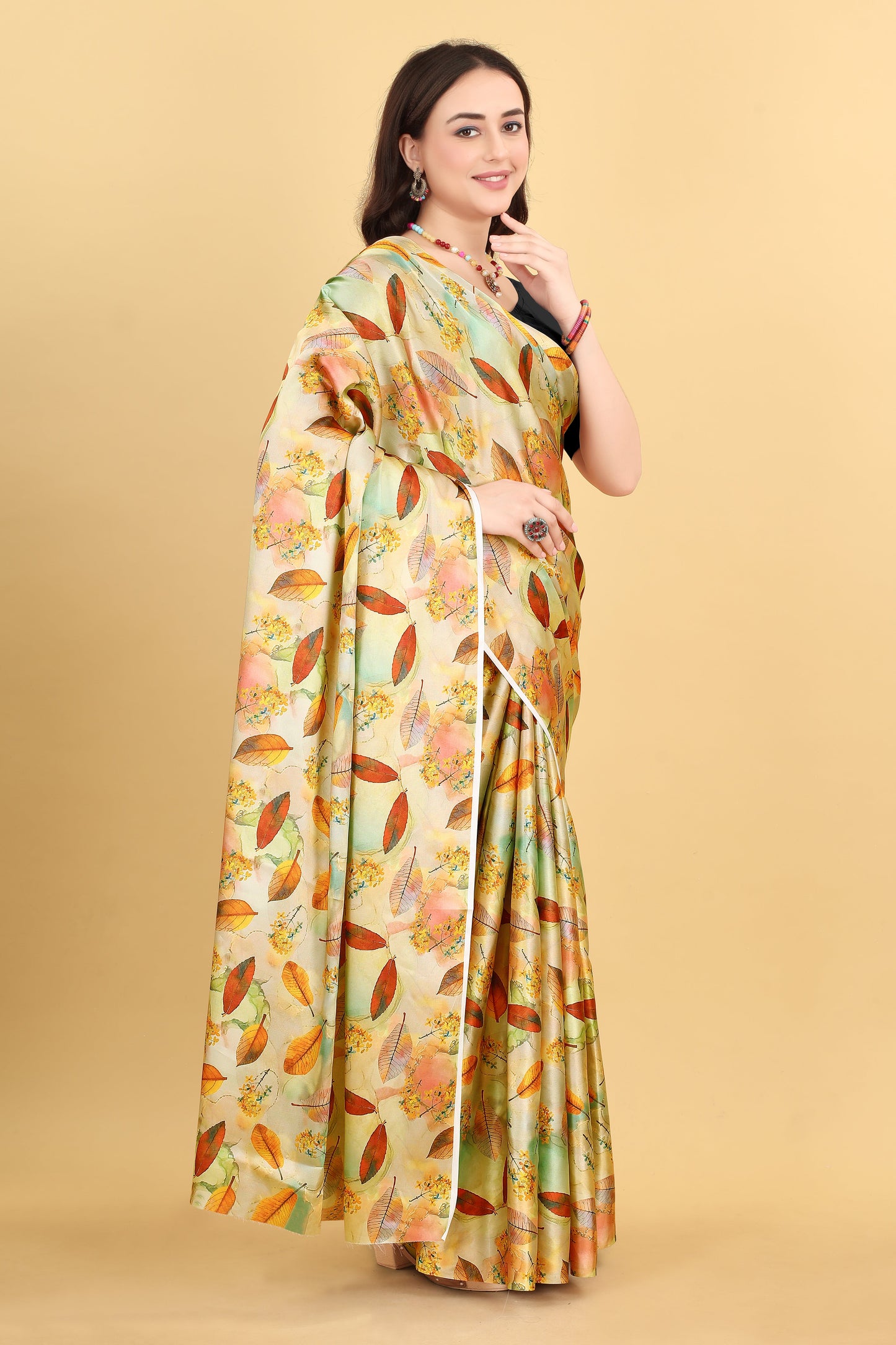Yellow Flower Printed Satin Silk Saree