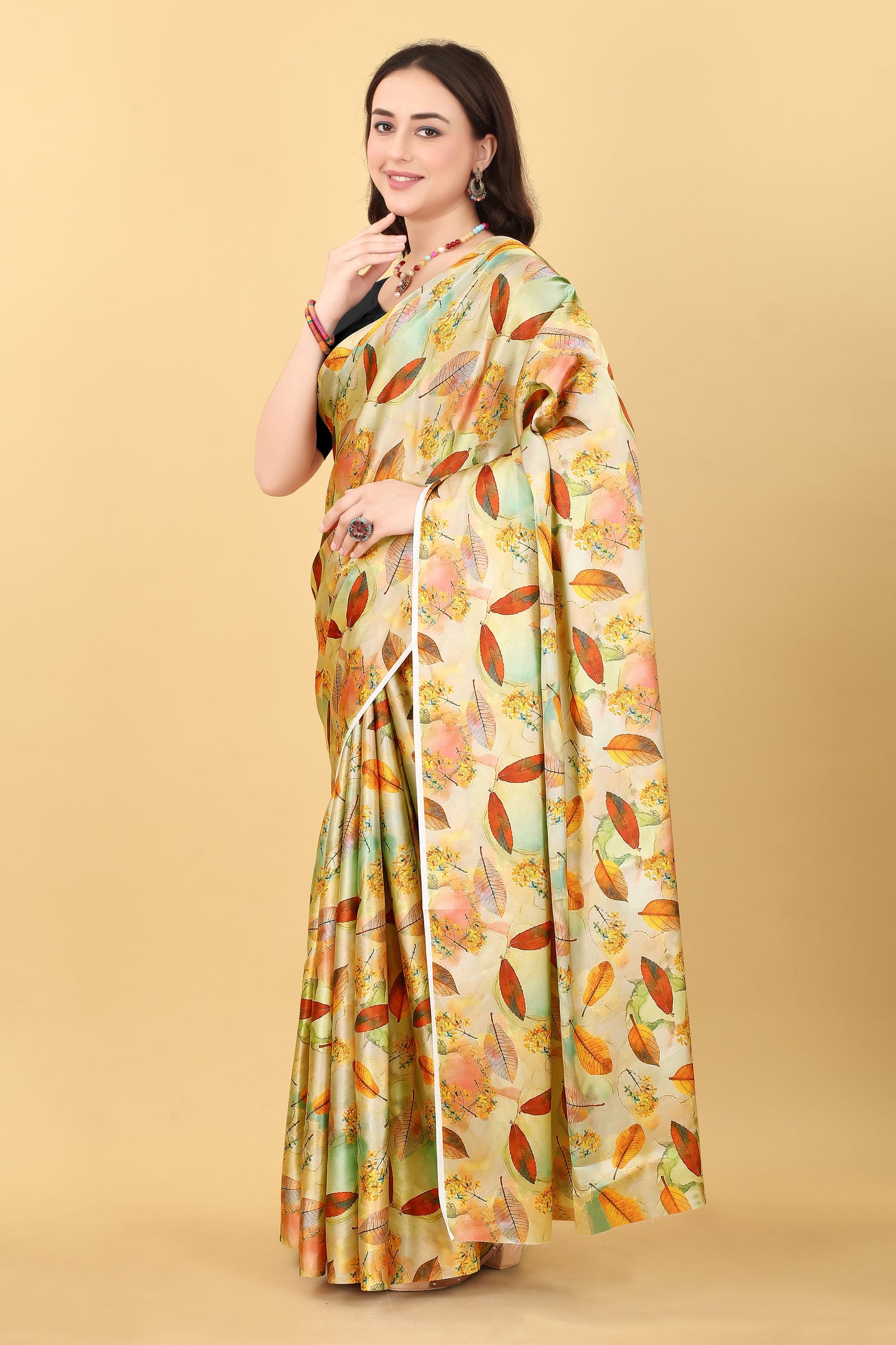 Yellow Flower Printed Satin Silk Saree