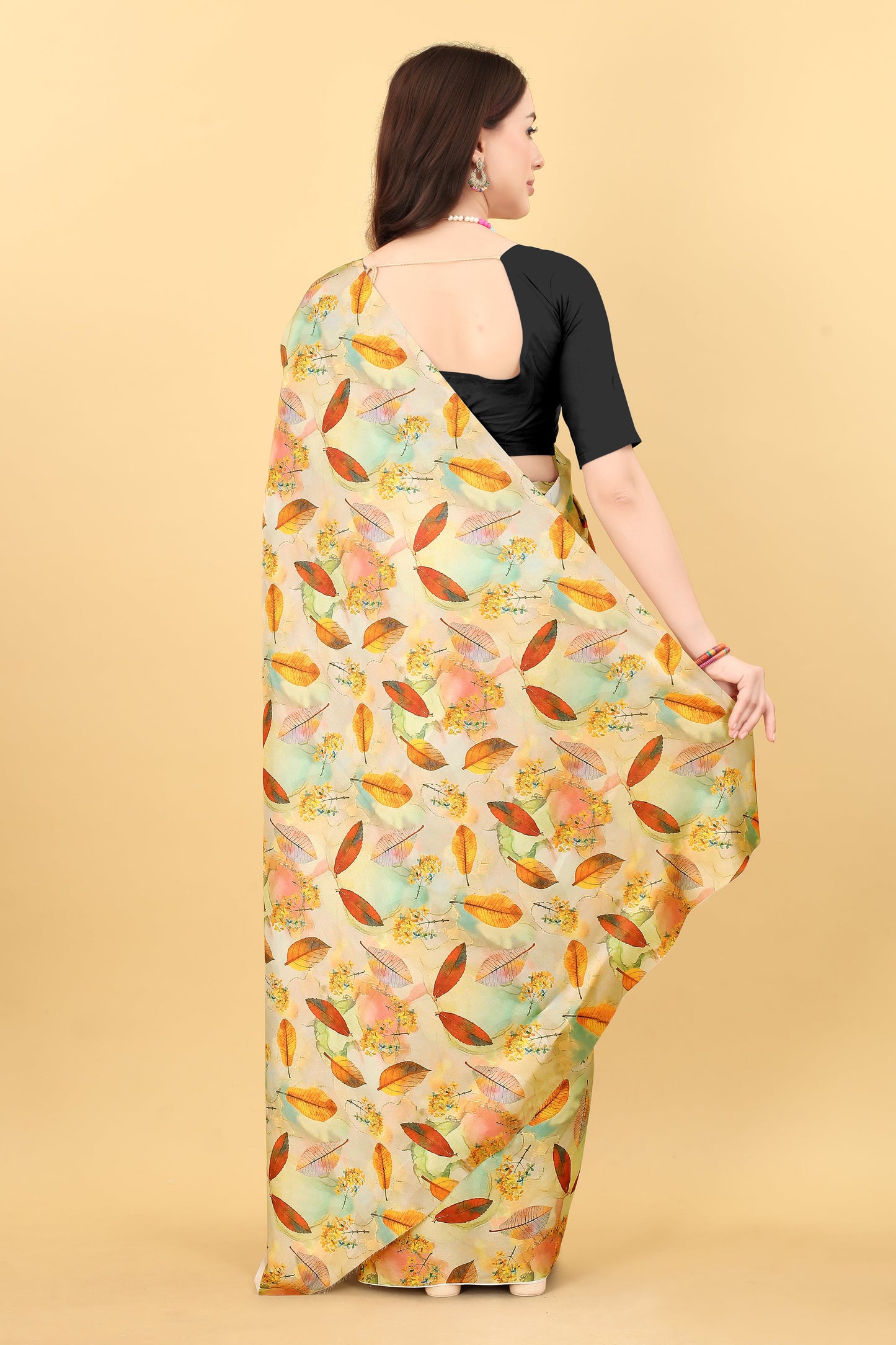 Yellow Flower Printed Satin Silk Saree