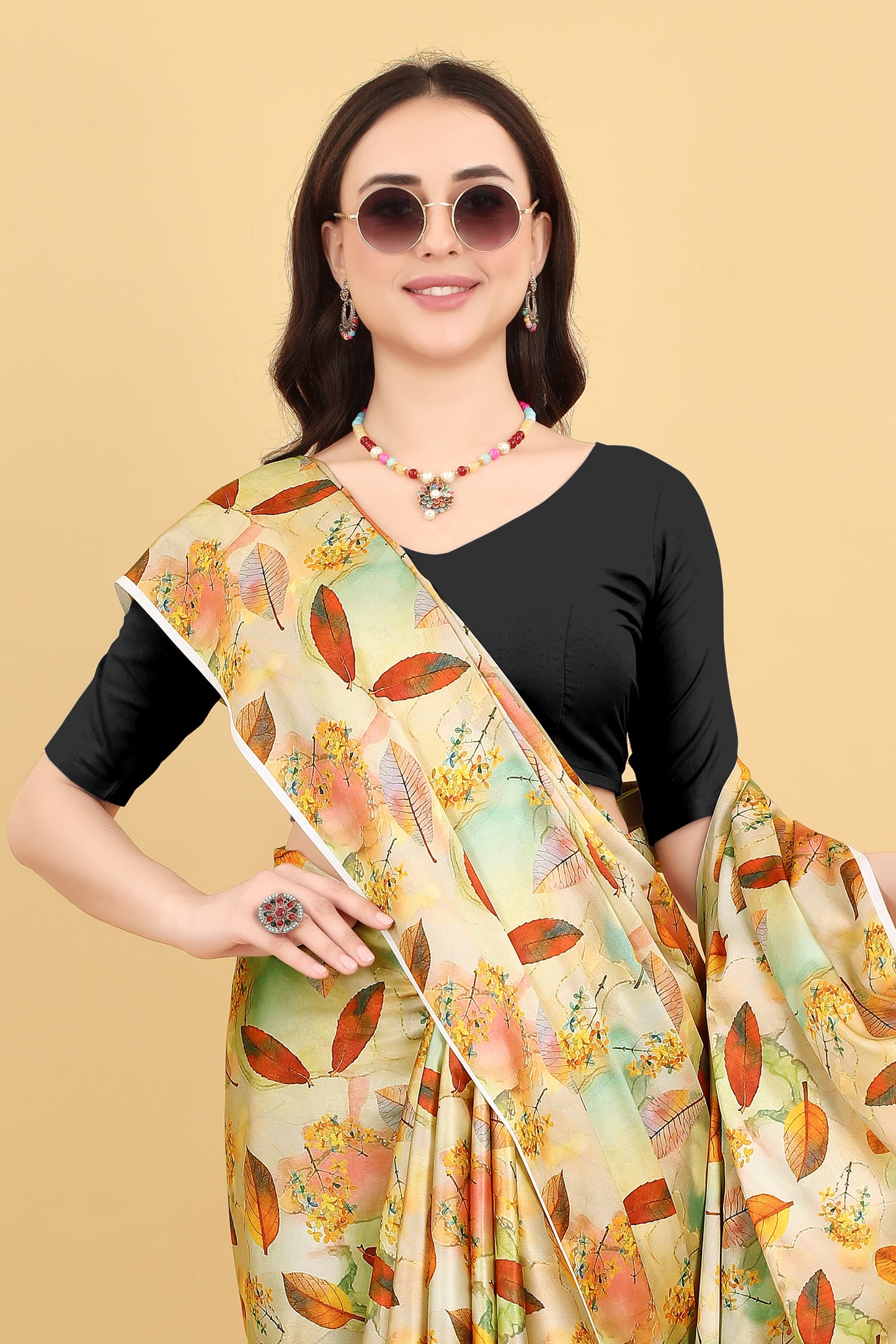 Yellow Flower Printed Satin Silk Saree