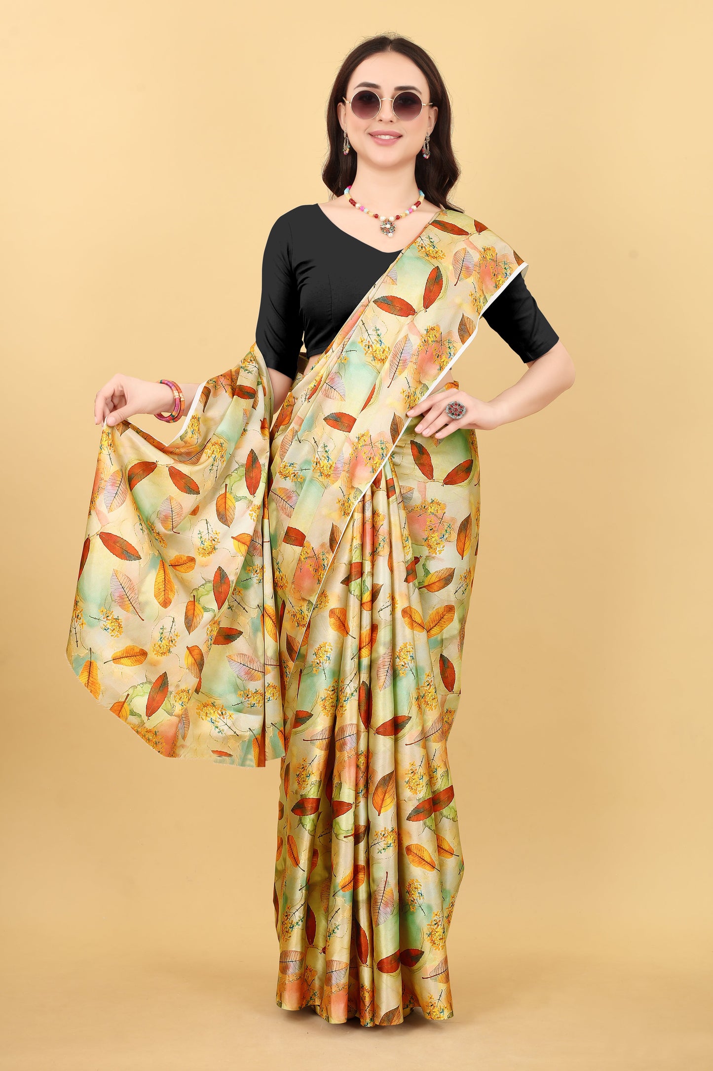 Yellow Flower Printed Satin Silk Saree