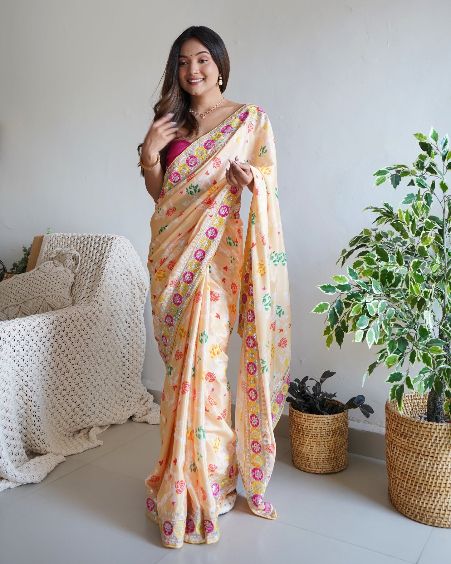 Designer Yellow Colour Embroidery Work Silk Saree