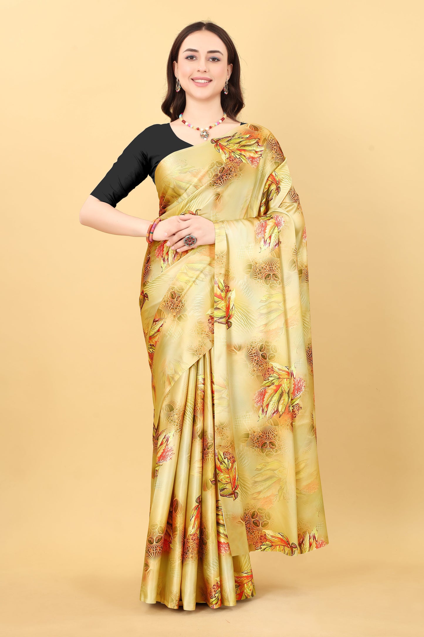 Mustard Yellow Color Printed Satin Silk Saree