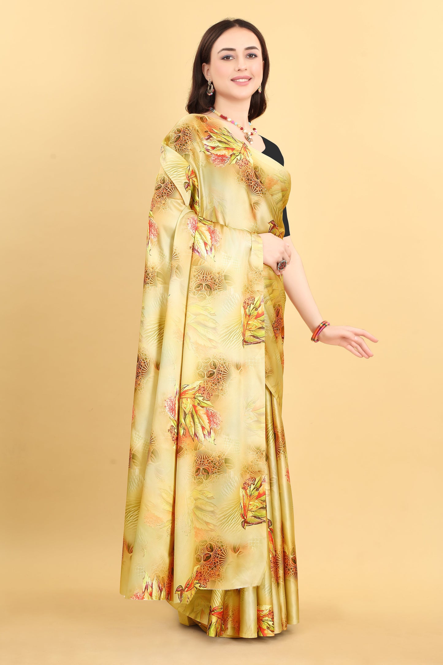 Mustard Yellow Color Printed Satin Silk Saree