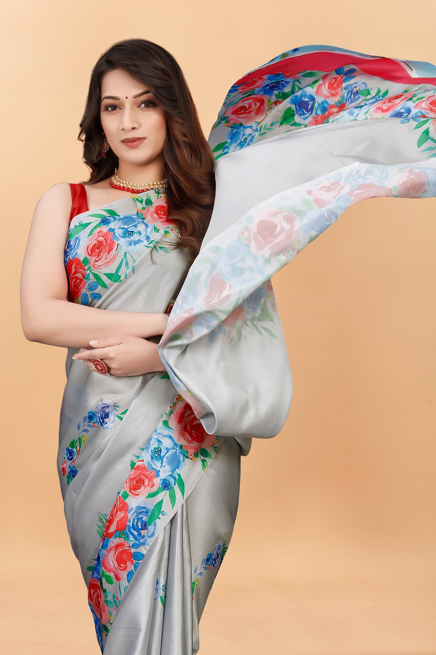 Party Wear Gray Color Printed Satin Silk Saree