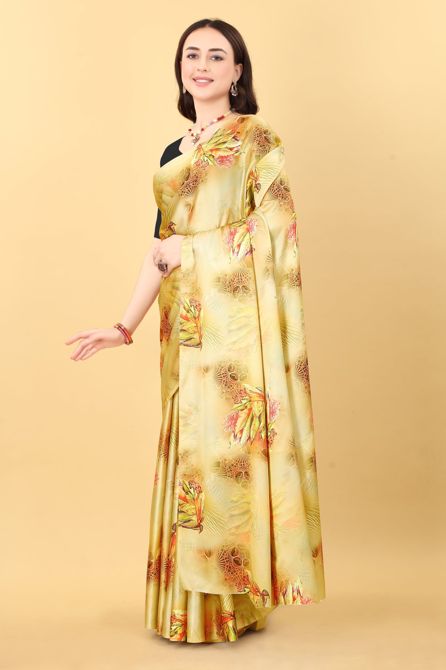 Mustard Yellow Color Printed Satin Silk Saree