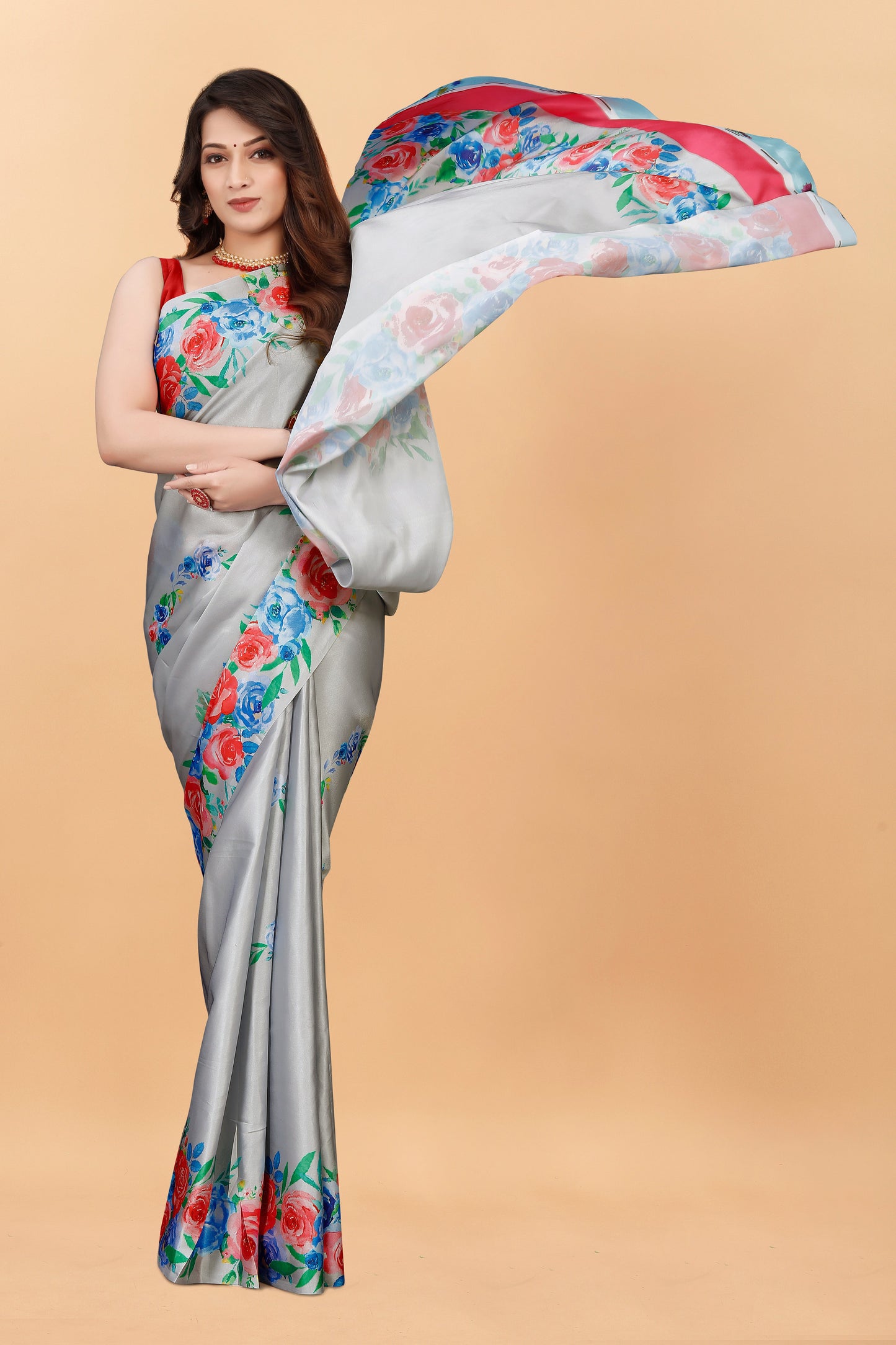 Party Wear Gray Color Printed Satin Silk Saree