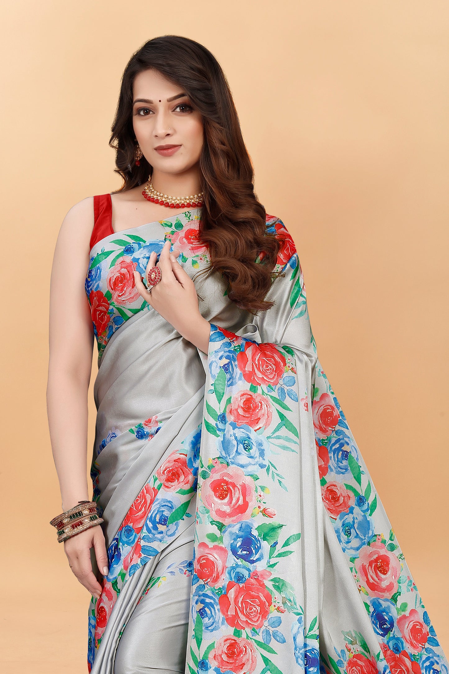 Party Wear Gray Color Printed Satin Silk Saree