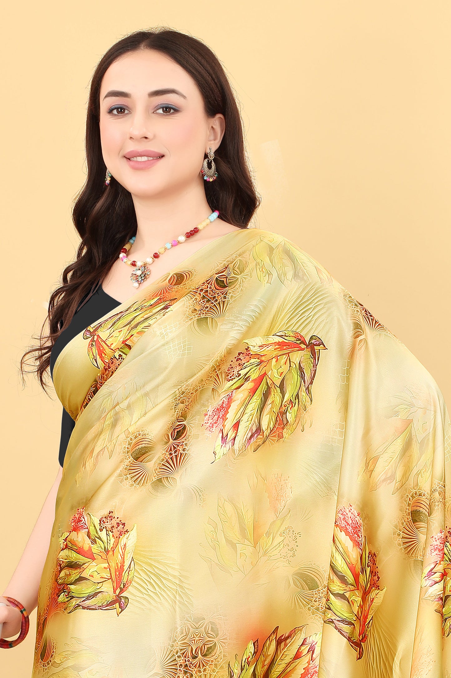 Mustard Yellow Color Printed Satin Silk Saree
