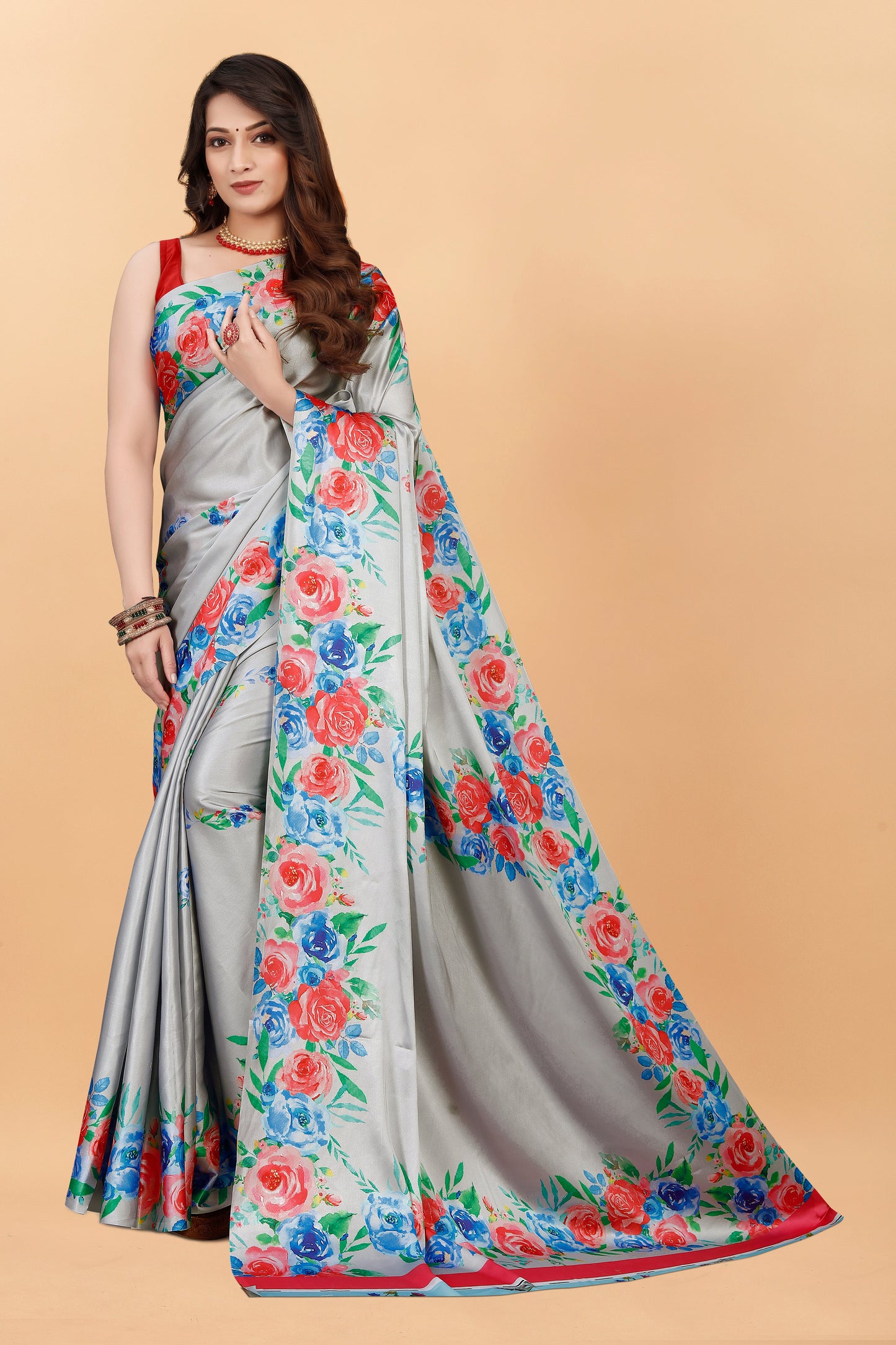 Party Wear Gray Color Printed Satin Silk Saree
