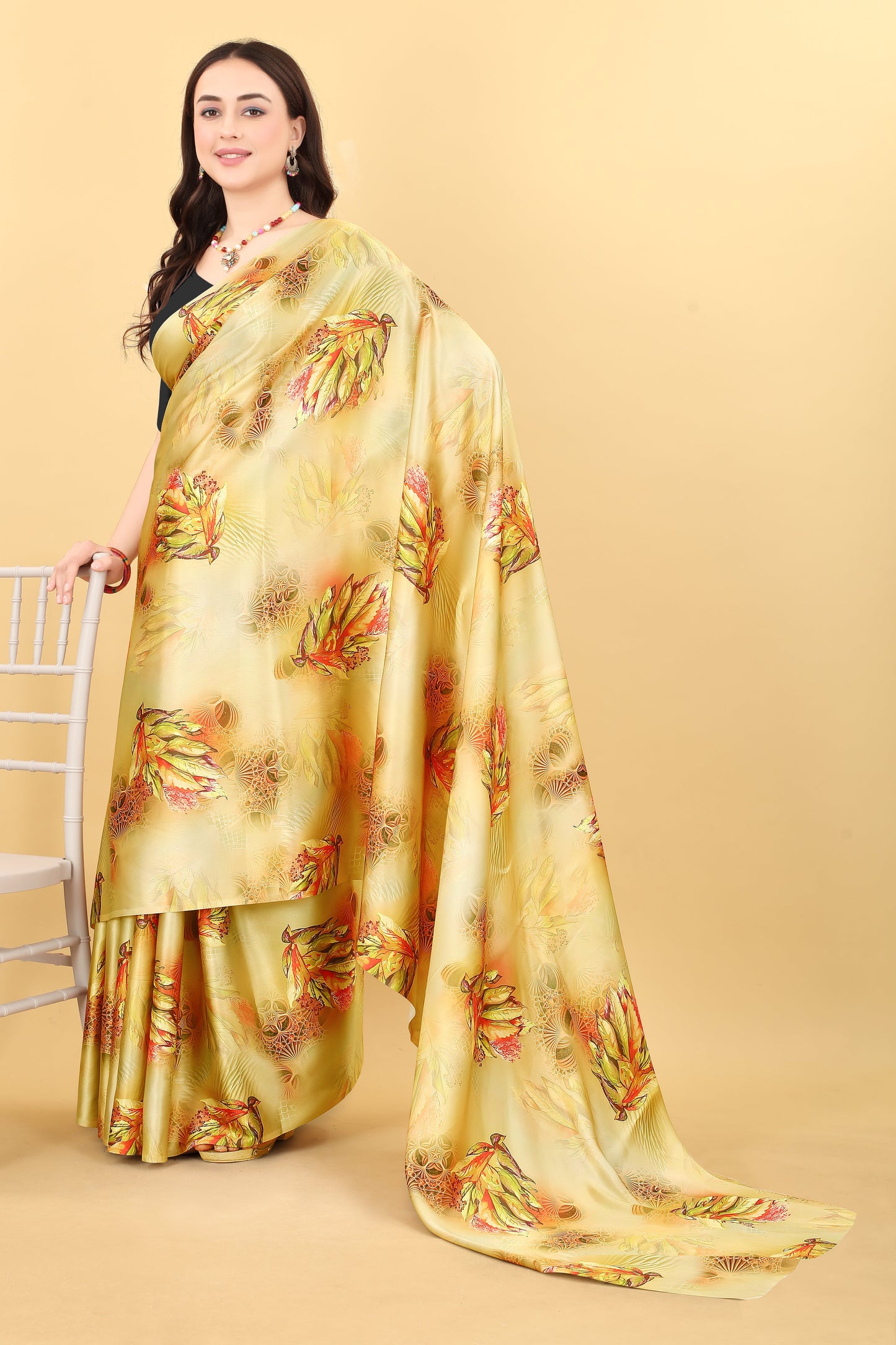 Mustard Yellow Color Printed Satin Silk Saree