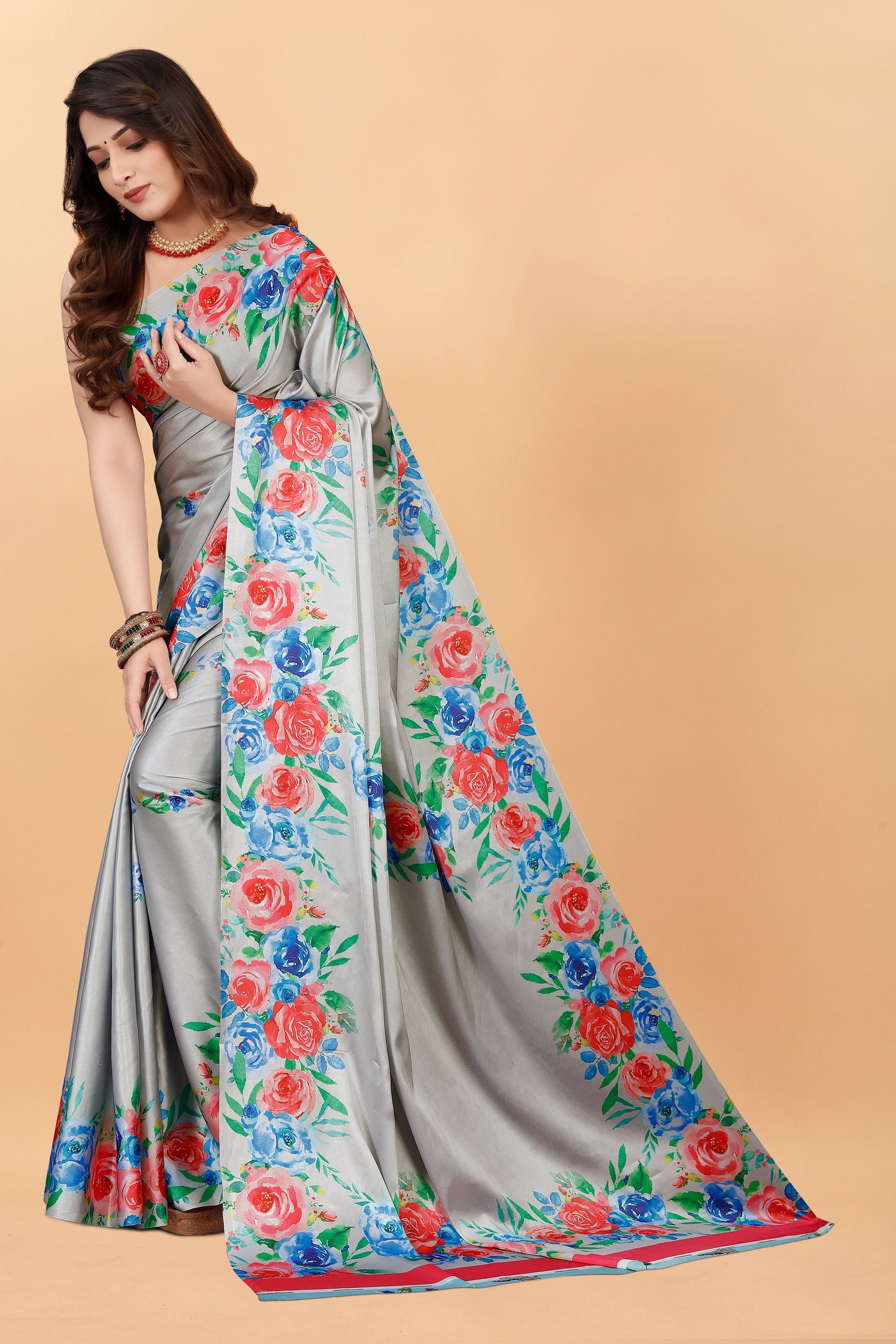 Party Wear Gray Color Printed Satin Silk Saree
