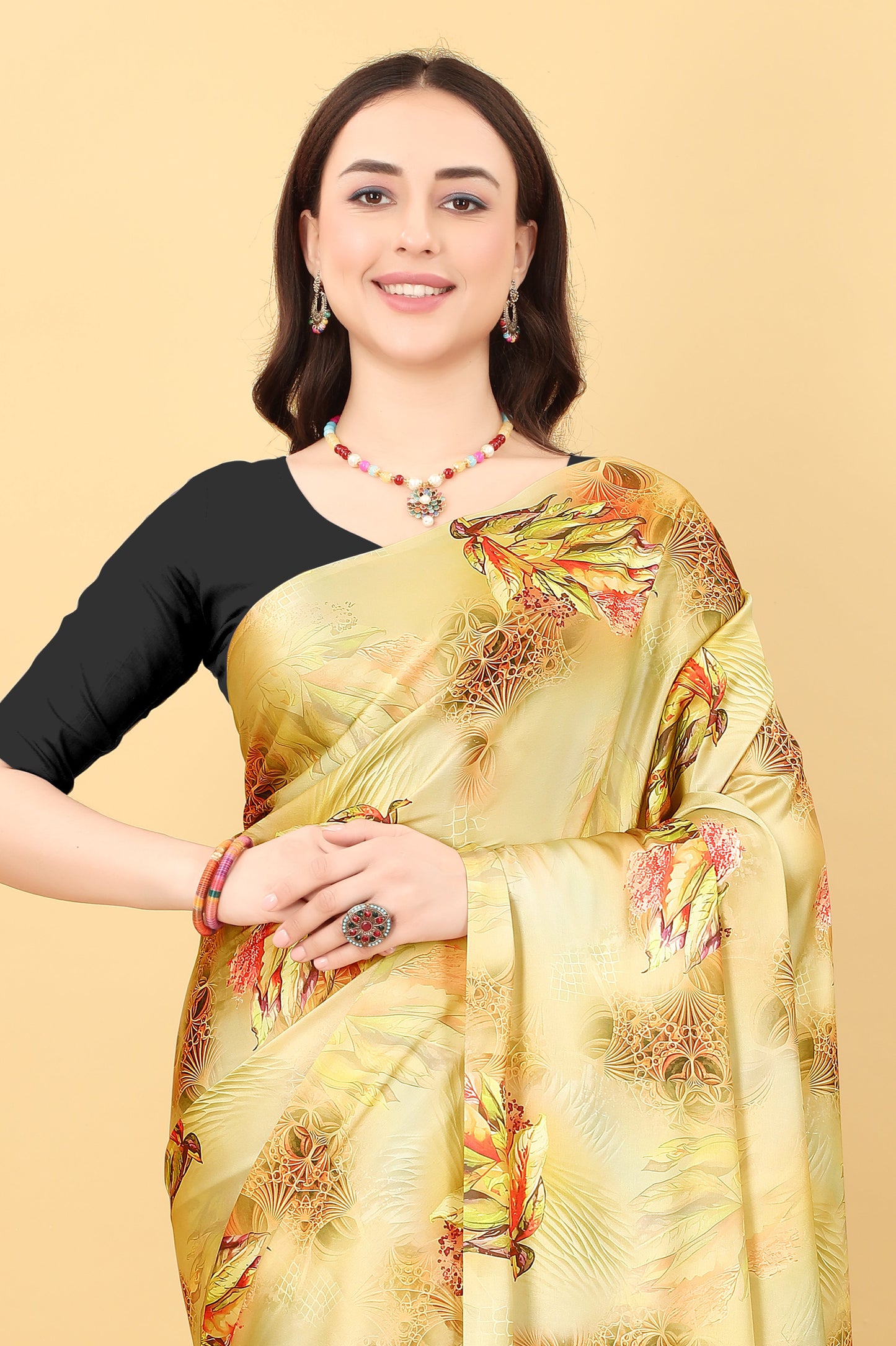 Mustard Yellow Color Printed Satin Silk Saree