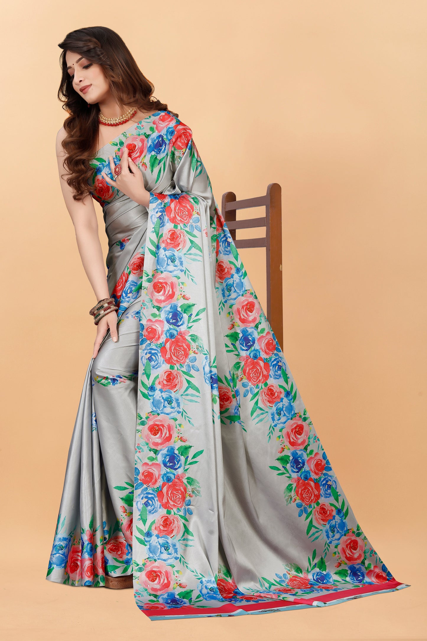 Party Wear Gray Color Printed Satin Silk Saree