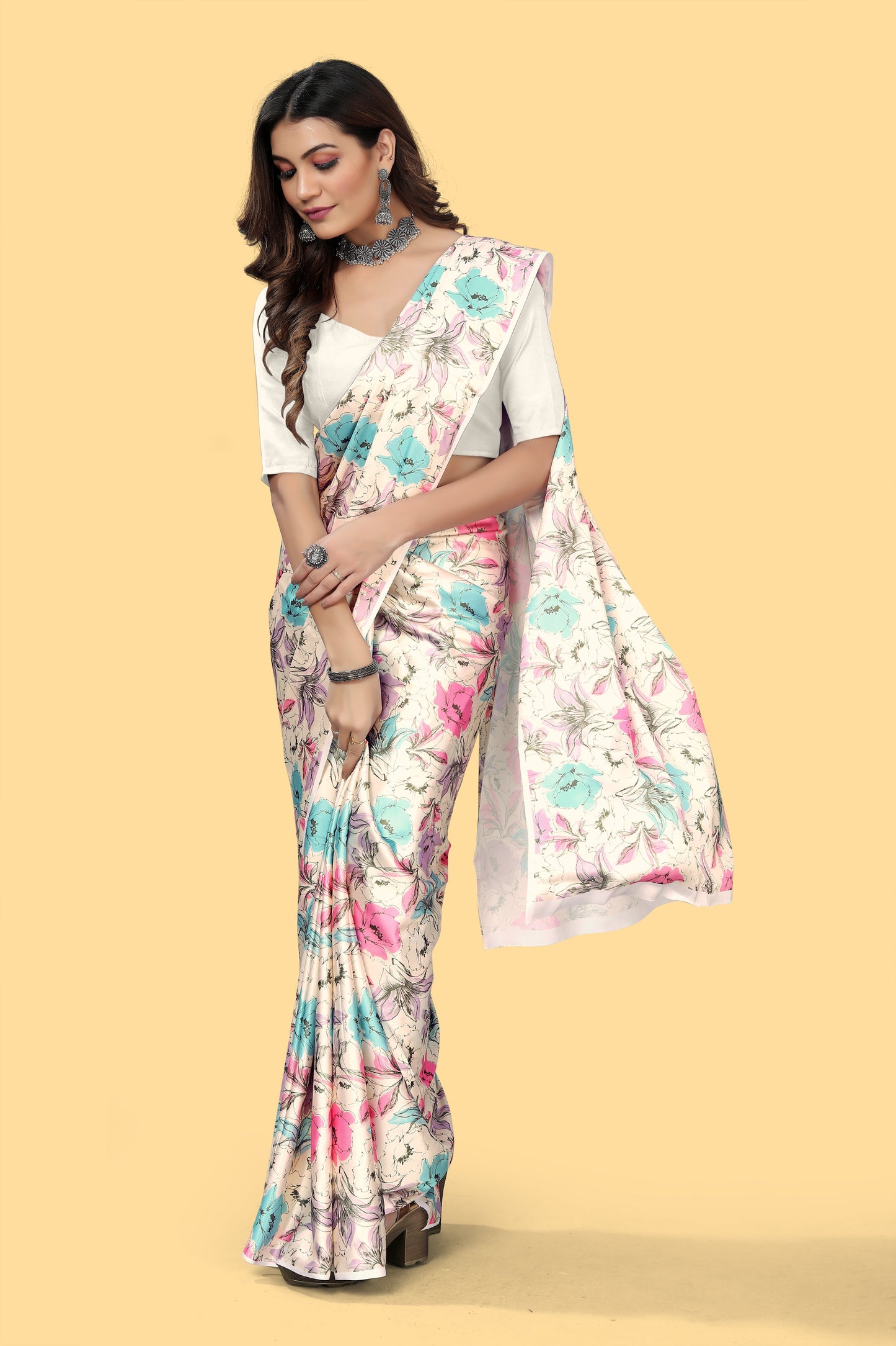 Designer Cream Color Floral Printed Satin Saree