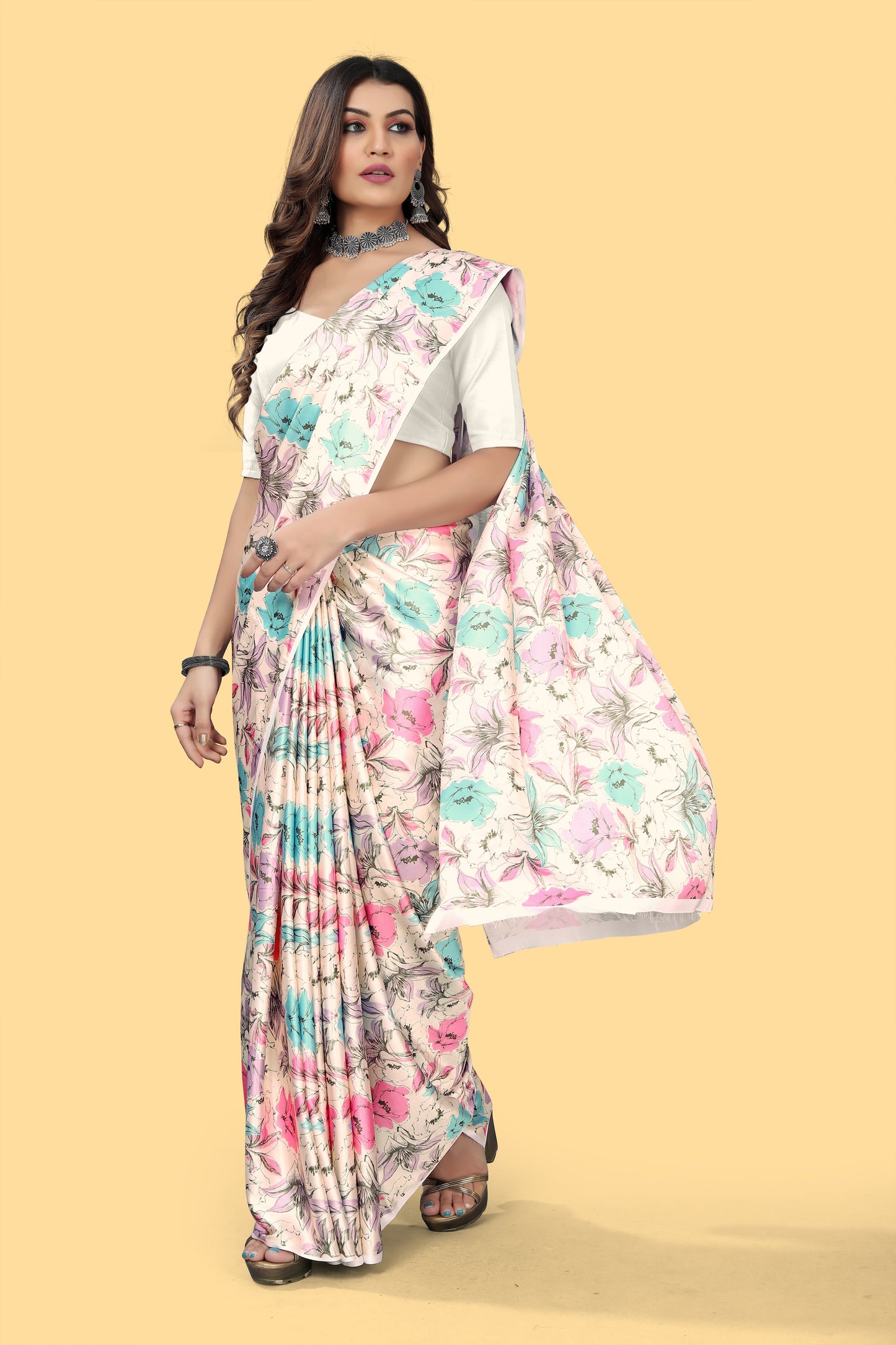 Designer Cream Color Floral Printed Satin Saree