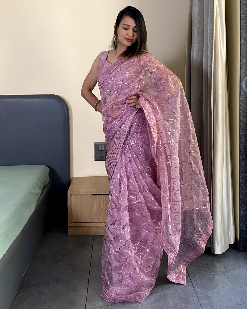 Fancy Work Designer Purple Organza Saree