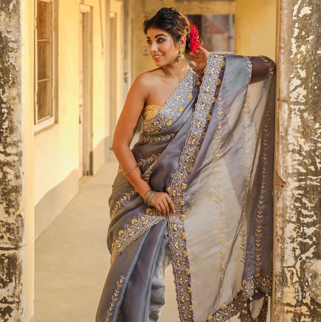 Beautiful Embroidery Work Gray Organza Silk Saree