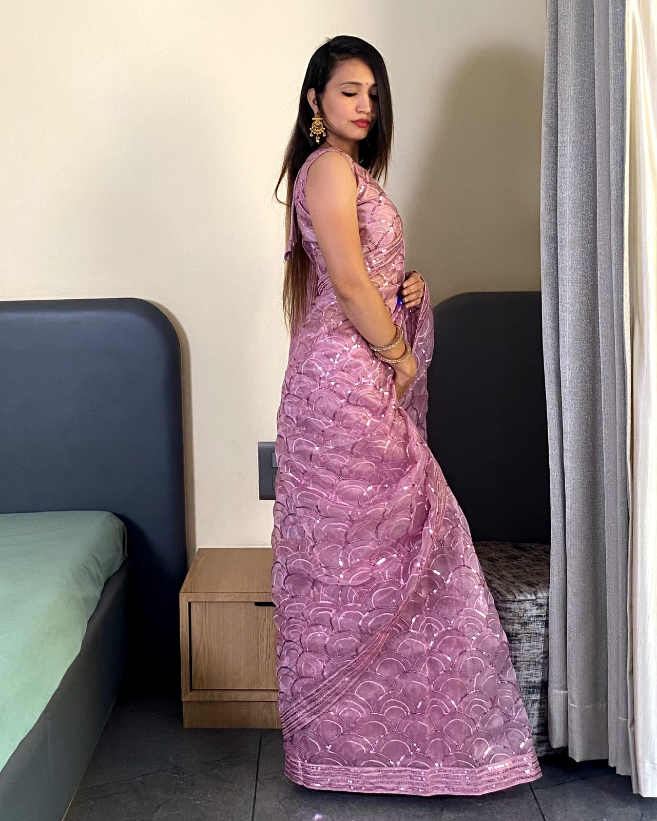 Fancy Work Designer Purple Organza Saree