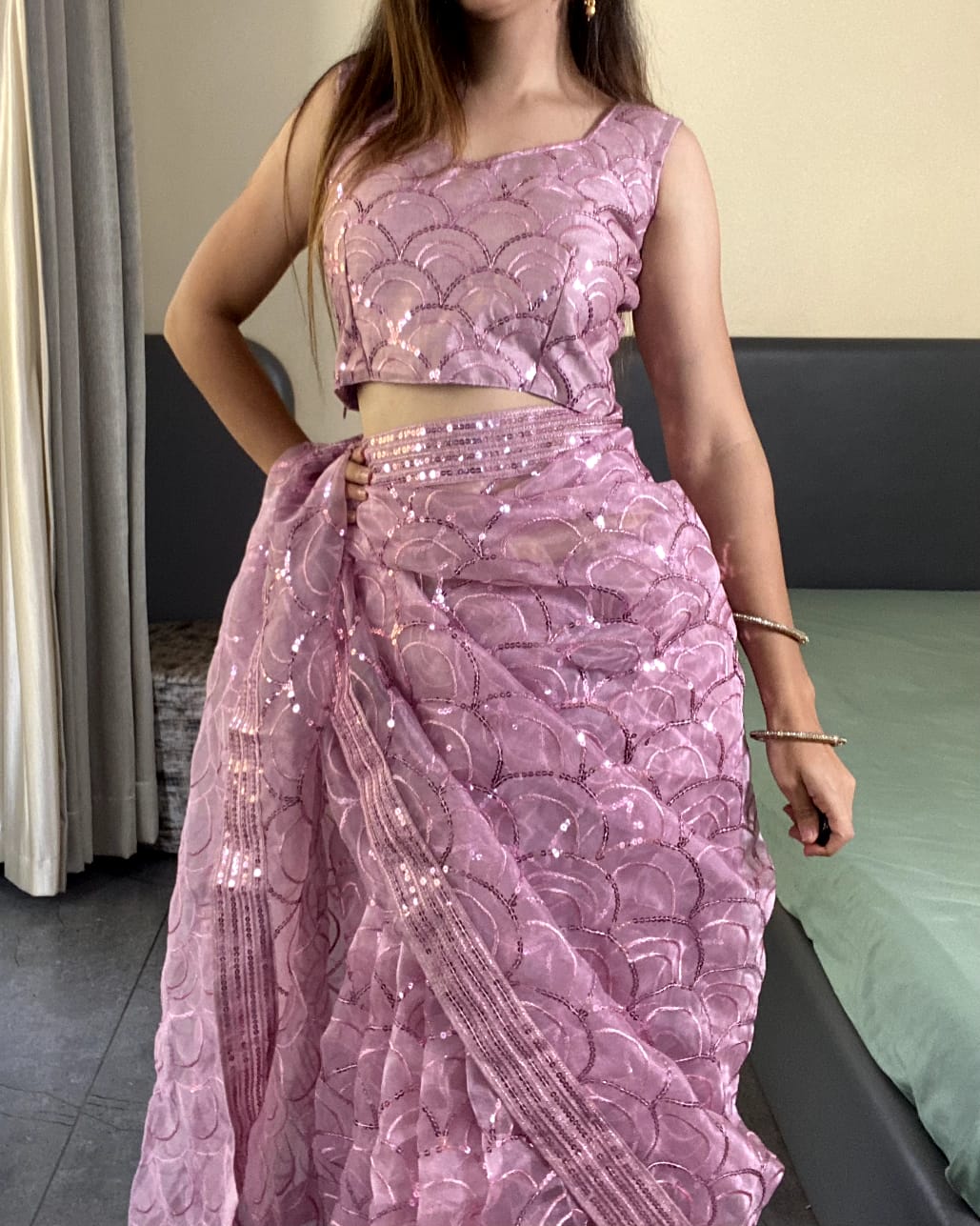 Fancy Work Designer Purple Organza Saree