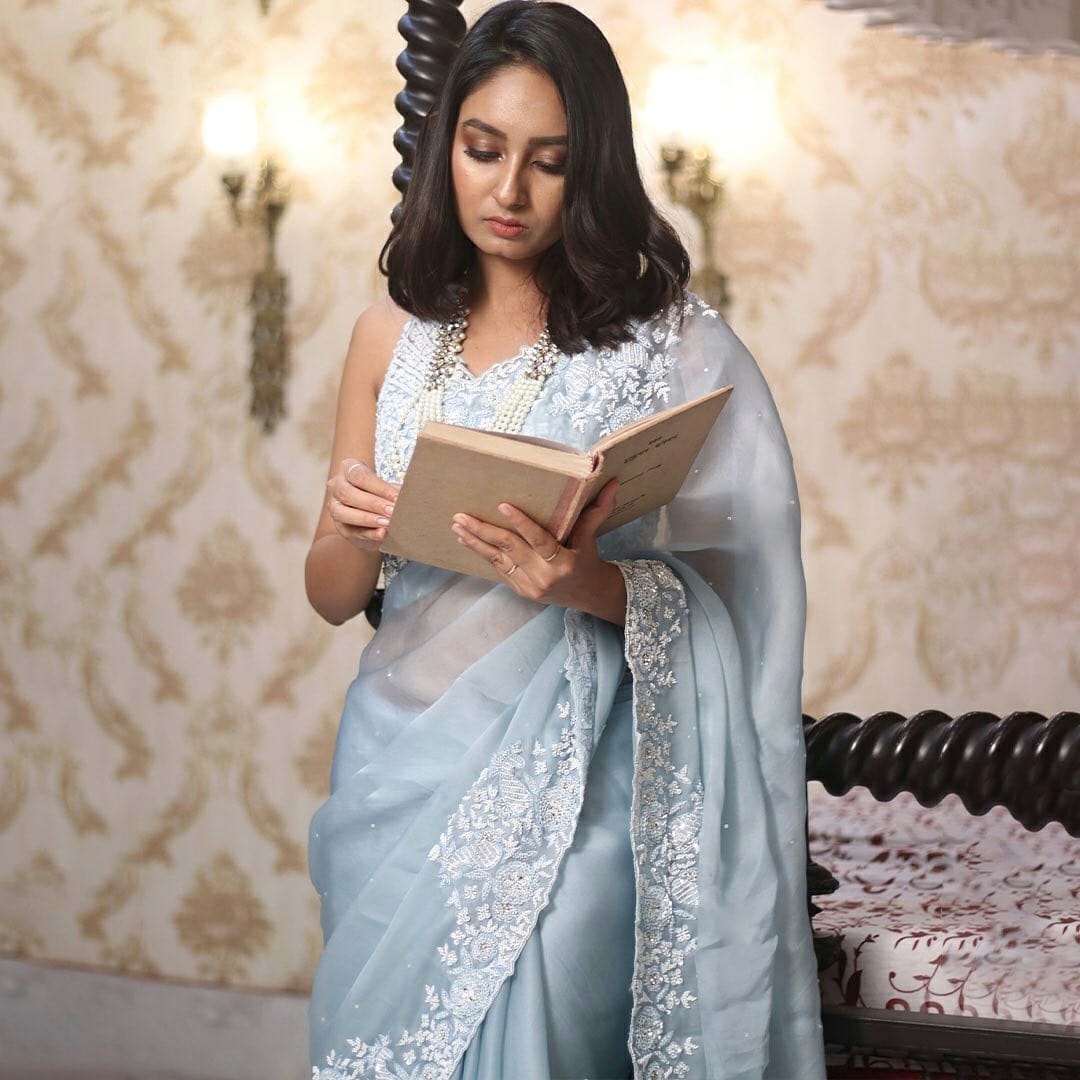 Designer Hand Work Light Blue Organza Saree