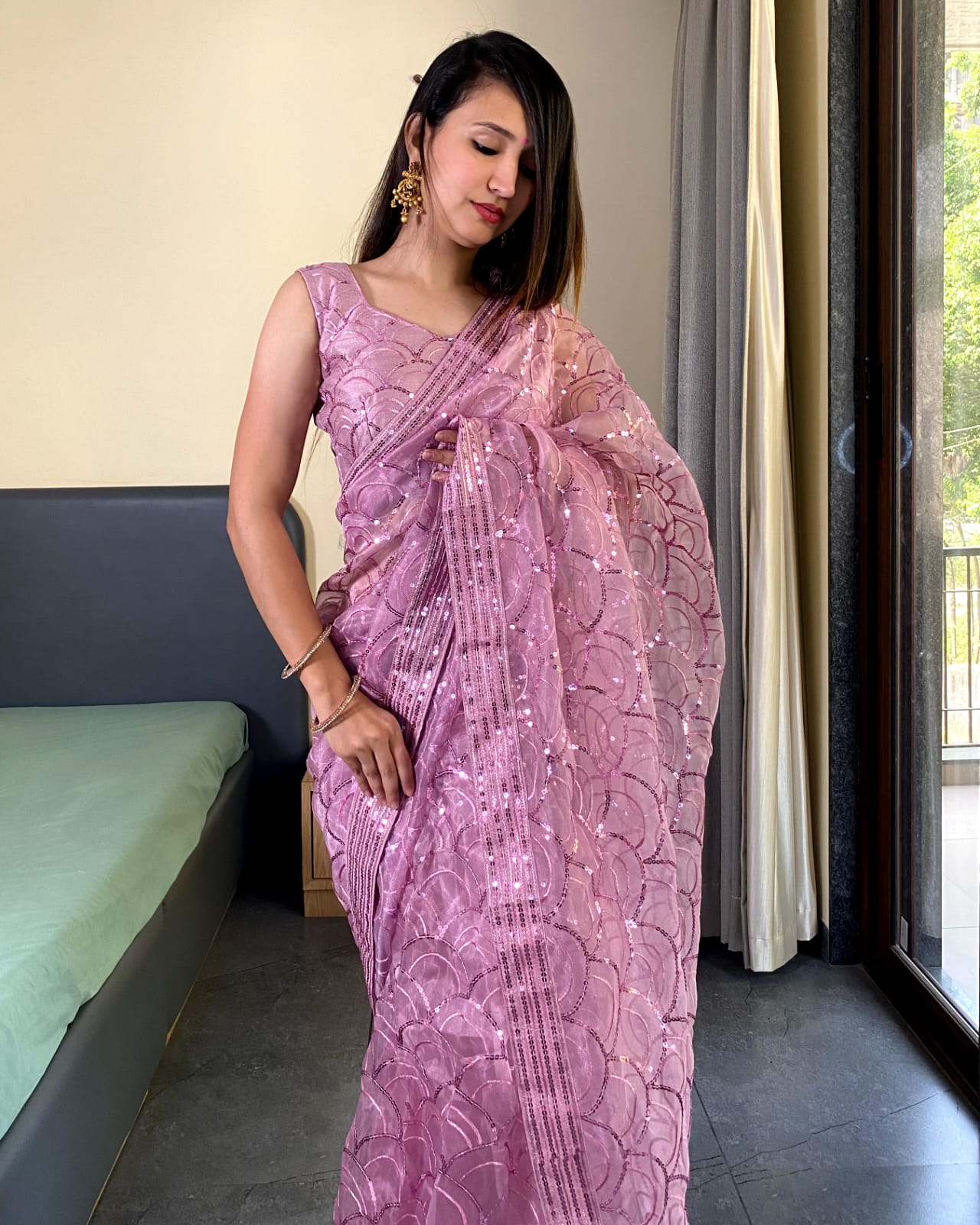 Fancy Work Designer Purple Organza Saree