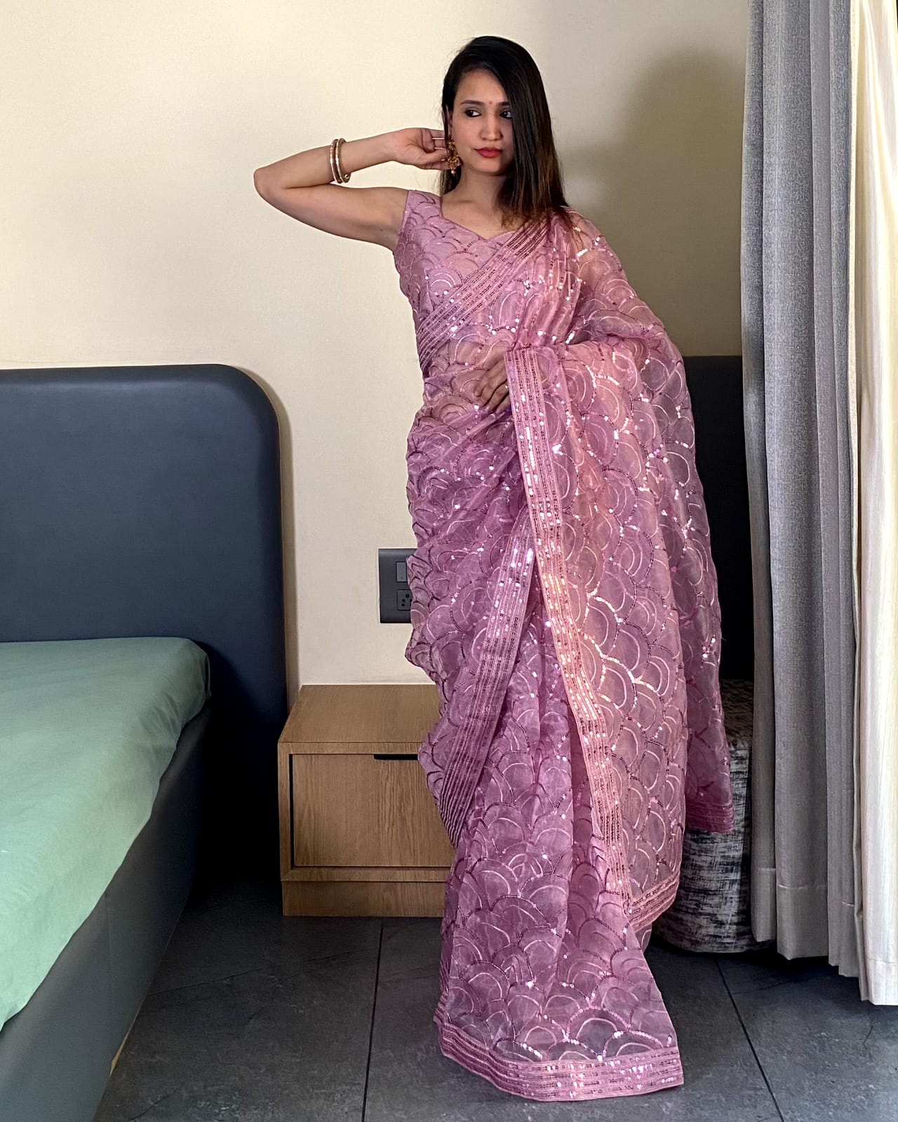 Fancy Work Designer Purple Organza Saree