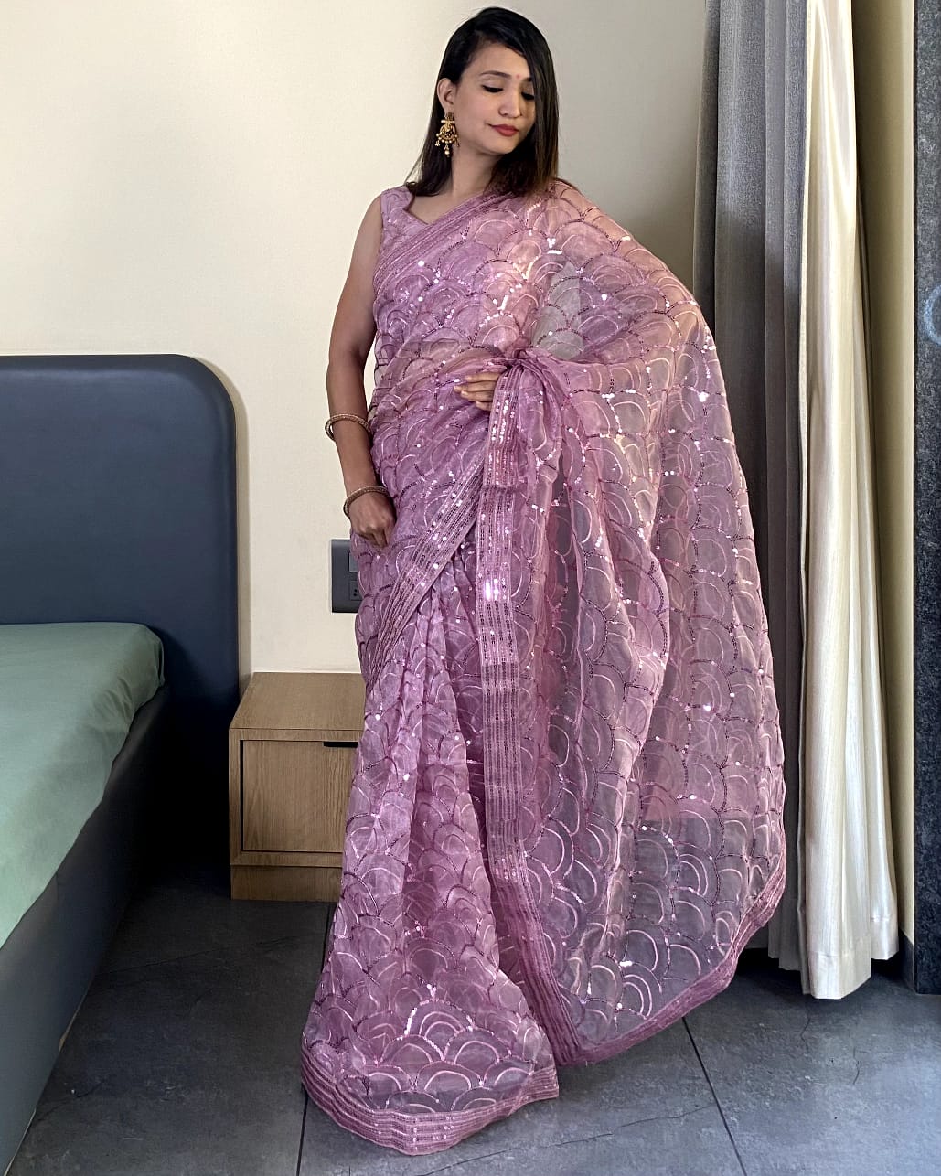 Fancy Work Designer Purple Organza Saree