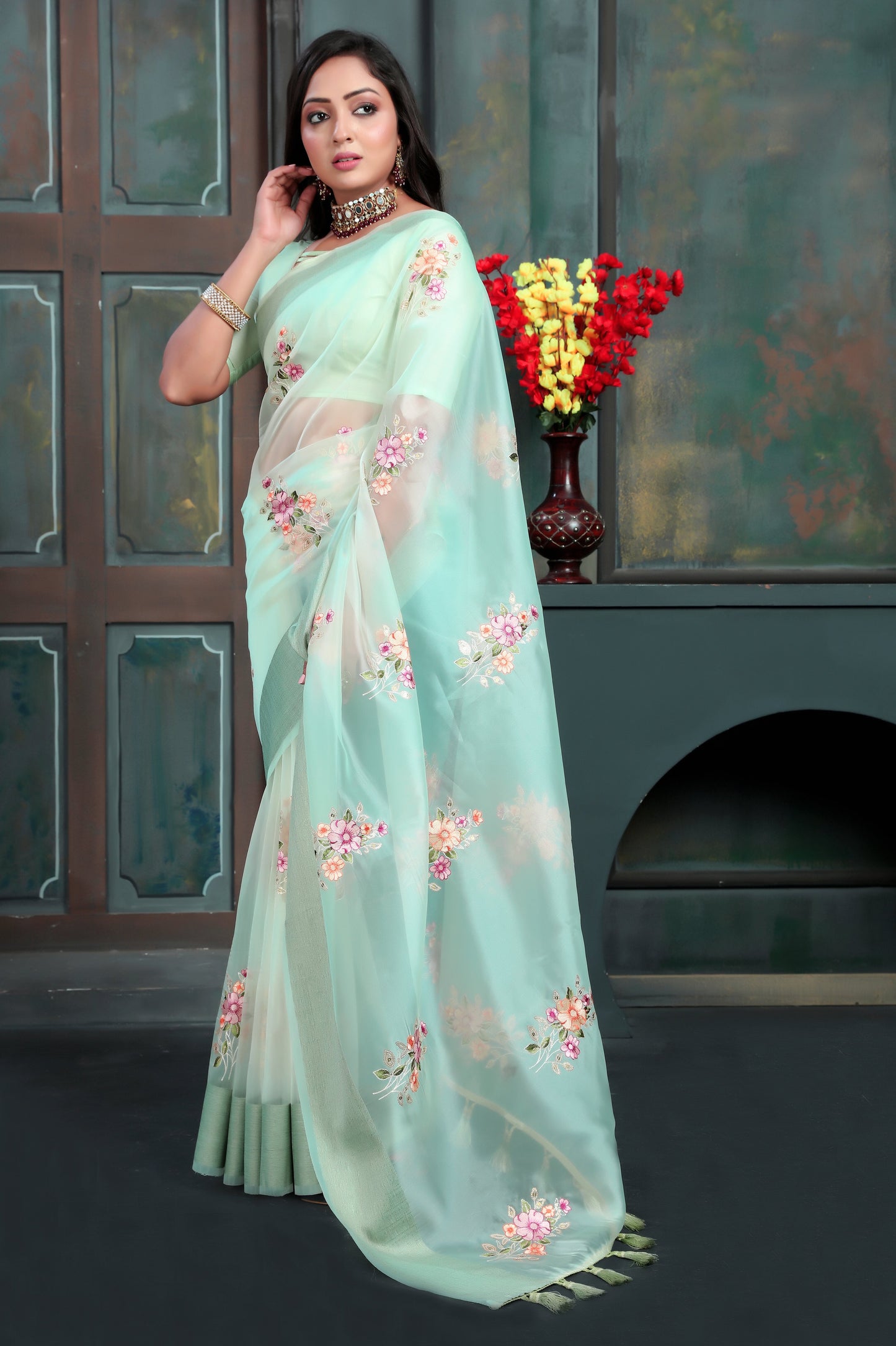 Designer Sky Blue Organza Silk Saree