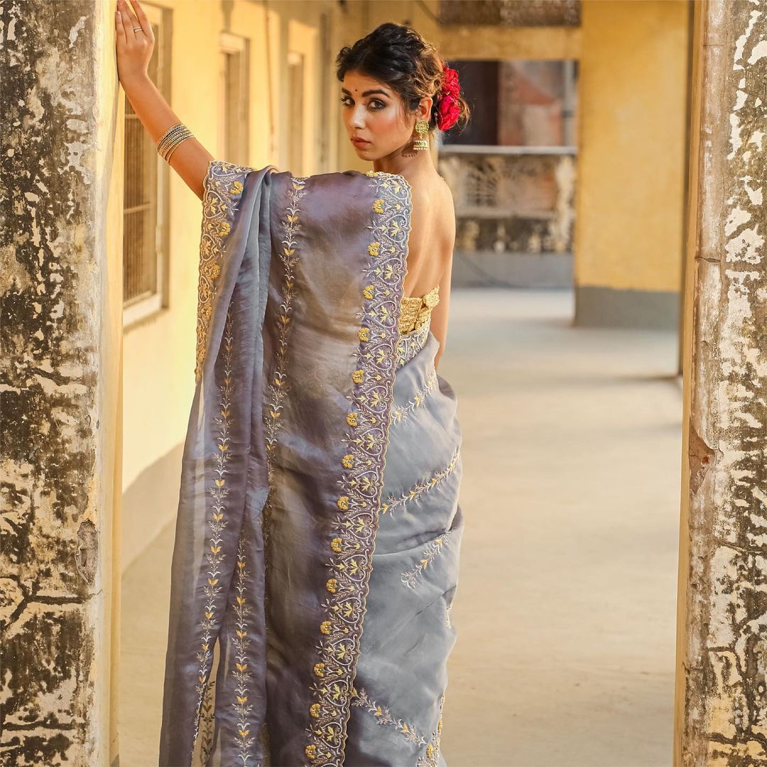 Beautiful Embroidery Work Gray Organza Silk Saree