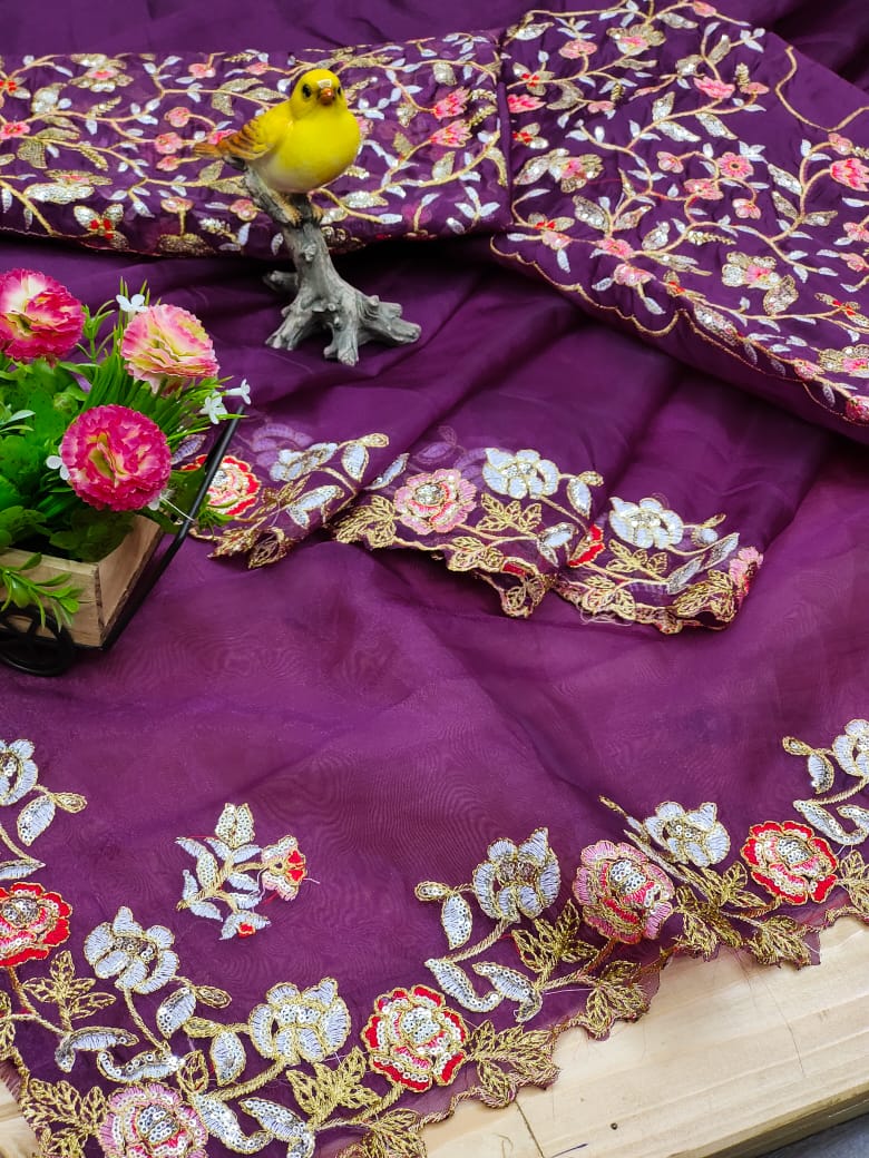 Designer Purple Work Organza Saree