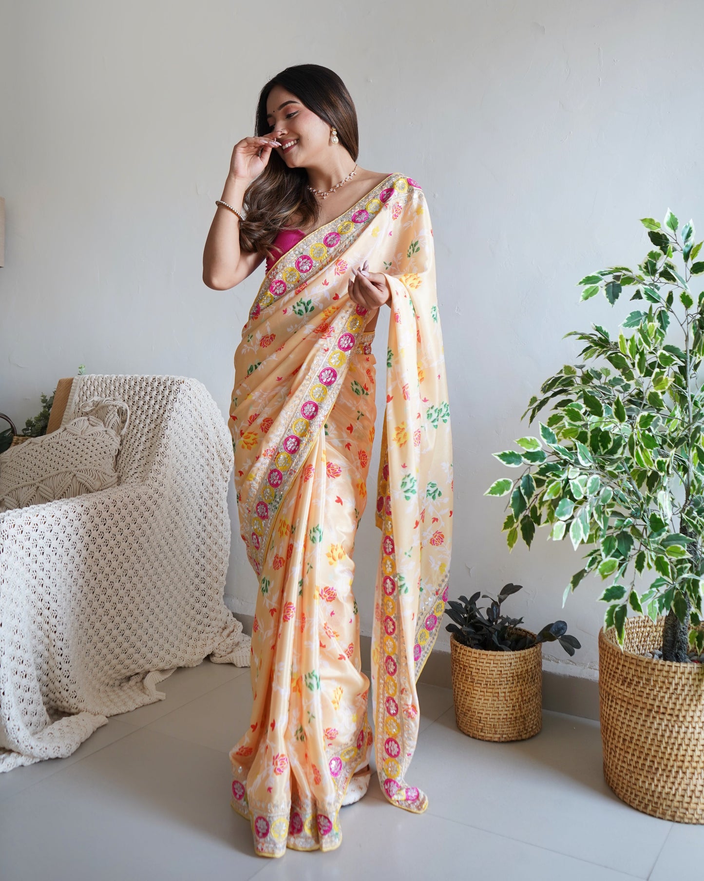 Designer Yellow Colour Embroidery Work Silk Saree